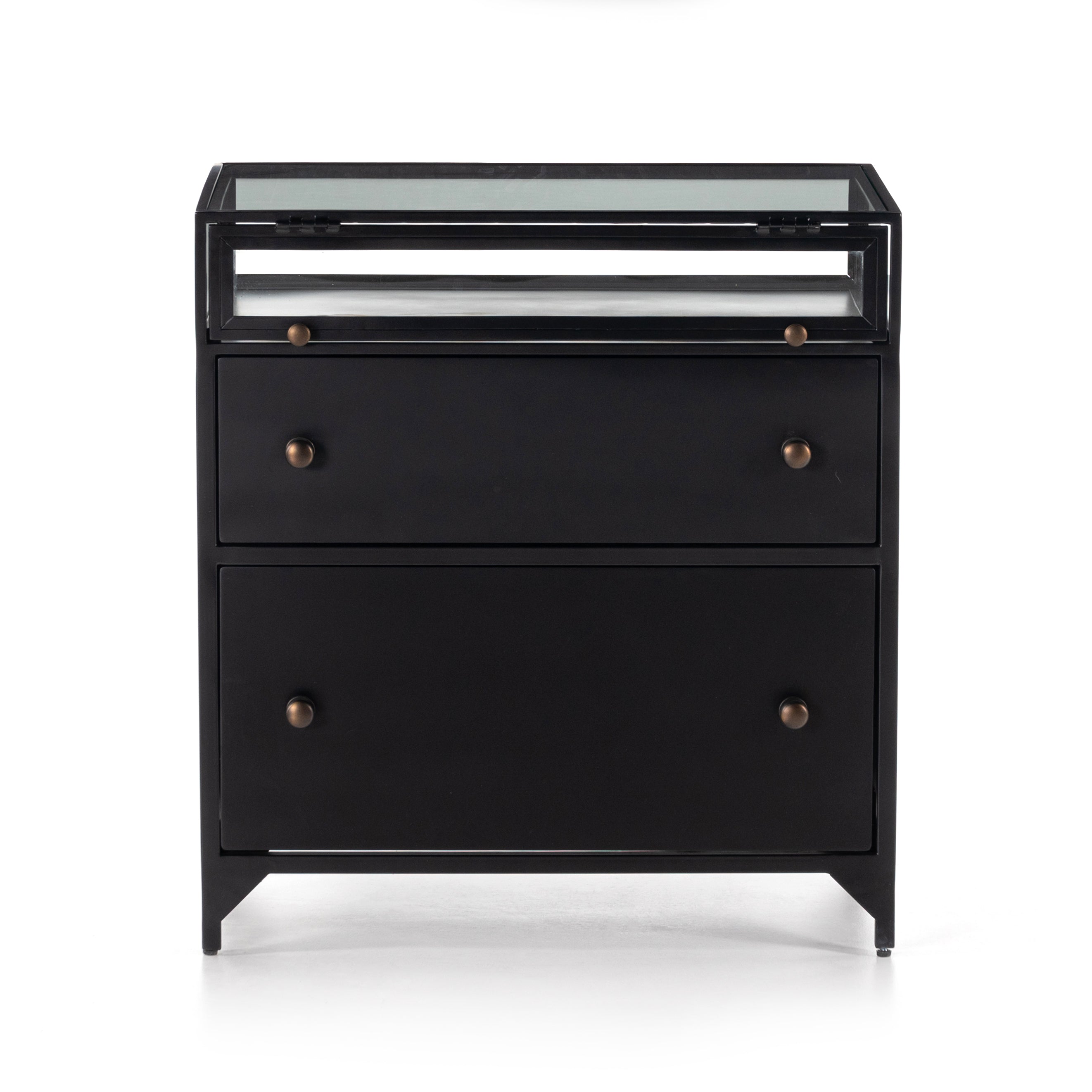 This Shadow Box Nightstand is finished in a gorgeous matte black. We love that the glass top allows you to showcase your favorite jewelry or family keepsake, while the two spacious drawers give you storage space. The knobs are finished in bronze to give this piece a sleek contrast.  Overall Dimensions: 28.00"w x 17.75"d x 30.00"h Materials: Iron, Tempered Glass, Glass