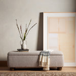 Featuring Ramsey Knoll Sand Trunk by Four Hands at Amethyst Home. Off-white performance boucle brings a textural look to the bedroom and beyond. Lift with ease to store extra blankets, seasonal décor, clothing, and more. Performance fabrics are specially created to withstand spills, stains, high traffic and wear, ensuring long-term comfort and unmatched durabil. Amethyst Home provides interior design, new home construction design consulting, vintage area rugs, and lighting in the Tampa metro area.