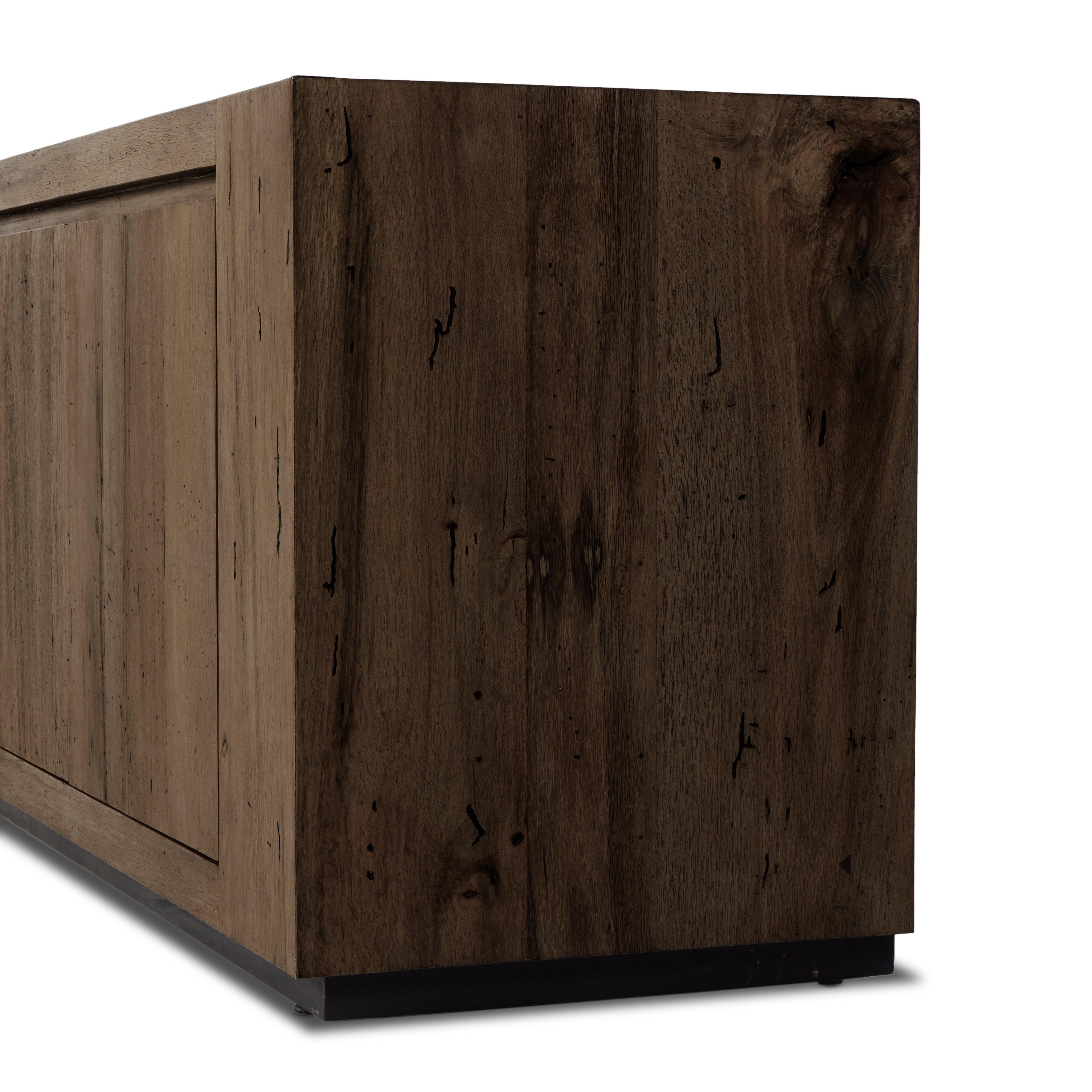 Featuring Abaso Ebony Rustic Wormwood Oak Media Console by Four Hands at Amethyst Home. Made from thick-cut oak veneer with a faux rustic finish made to emulate wormwood, this spacious media console features chunky squared legs and dovetail joinery detailing.Overall Dimensions: 94.50"W x 19.75"L x 27"HColors: Black Mdf, Ebony Rustic Wormwood Oak, Black Plywoo. Amethyst Home provides interior design, new home construction design consulting, vintage area rugs, and lighting in the Houston metro area.