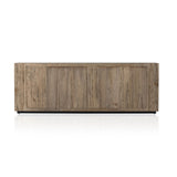 Made from thick-cut oak veneer with a faux rustic finish made to emulate wormwood, this low, large-scale sideboard features chunky squared legs and dovetail joinery detailing. Amethyst Home provides interior design, new home construction design consulting, vintage area rugs, and lighting in the Calabasas metro area.