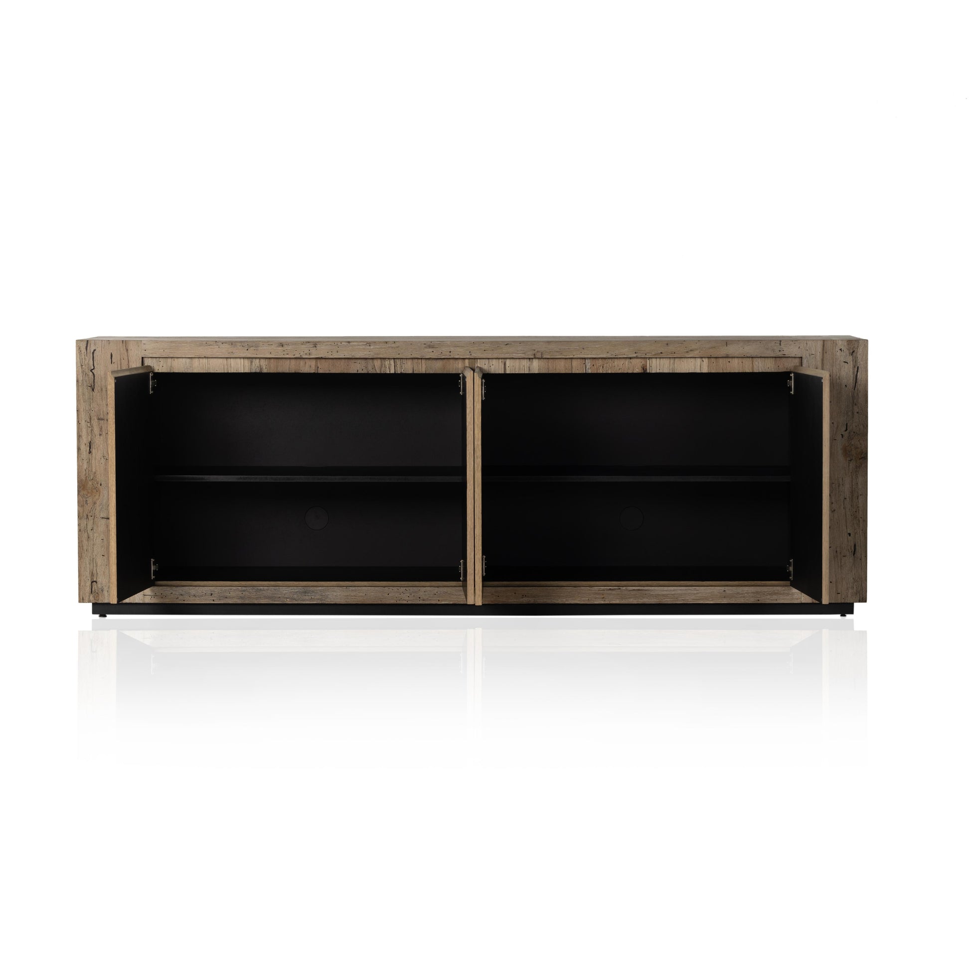 Made from thick-cut oak veneer with a faux rustic finish made to emulate wormwood, this low, large-scale sideboard features chunky squared legs and dovetail joinery detailing. Amethyst Home provides interior design, new home construction design consulting, vintage area rugs, and lighting in the Houston metro area.
