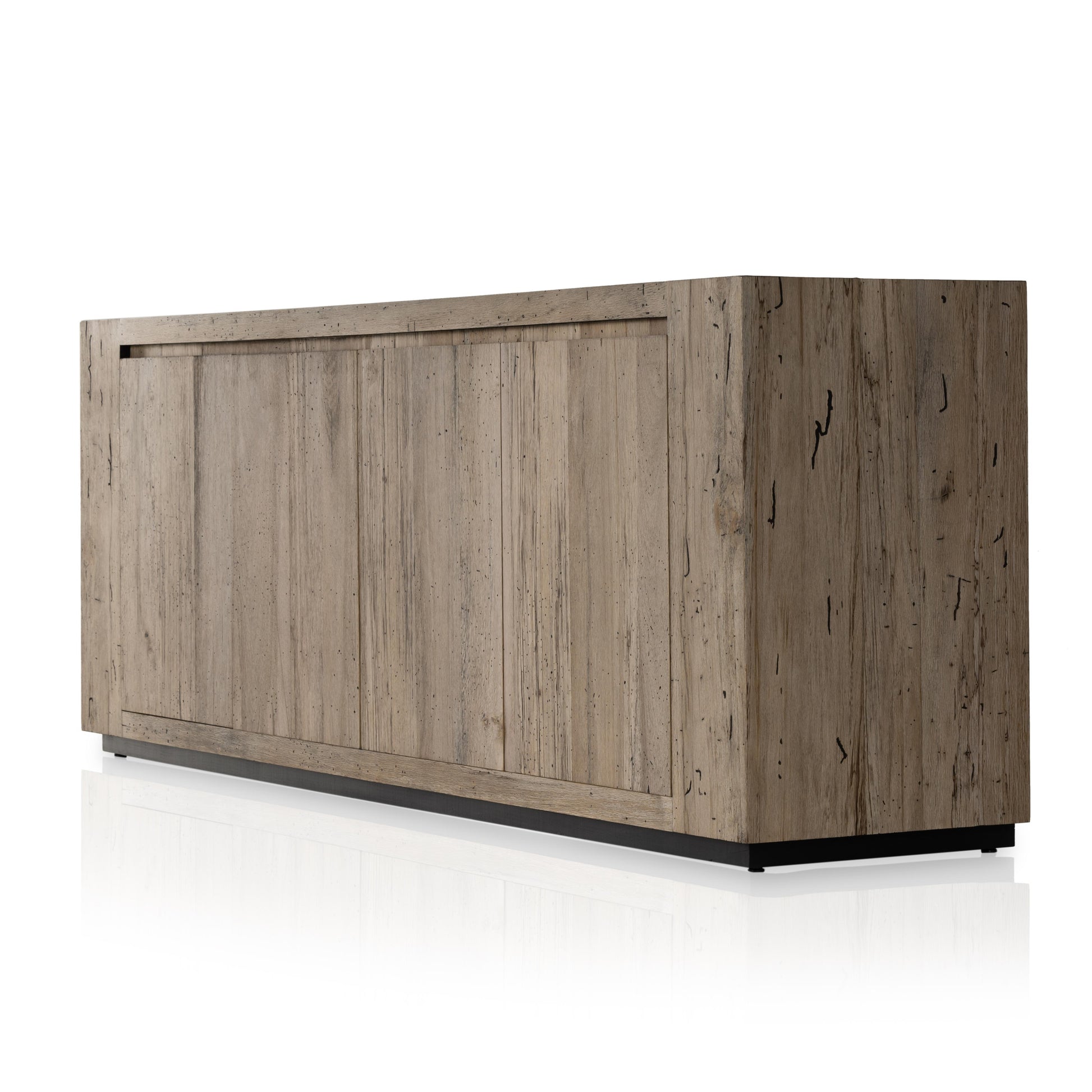 Made from thick-cut oak veneer with a faux rustic finish made to emulate wormwood, this low, large-scale sideboard features chunky squared legs and dovetail joinery detailing. Amethyst Home provides interior design, new home construction design consulting, vintage area rugs, and lighting in the Newport Beach metro area.