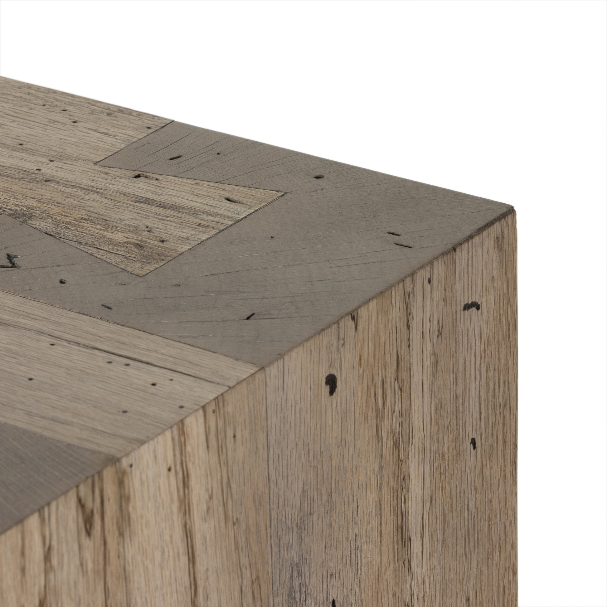 Made from thick-cut oak veneer with a faux rustic finish made to emulate wormwood, this low, large-scale sideboard features chunky squared legs and dovetail joinery detailing. Amethyst Home provides interior design, new home construction design consulting, vintage area rugs, and lighting in the Omaha metro area.