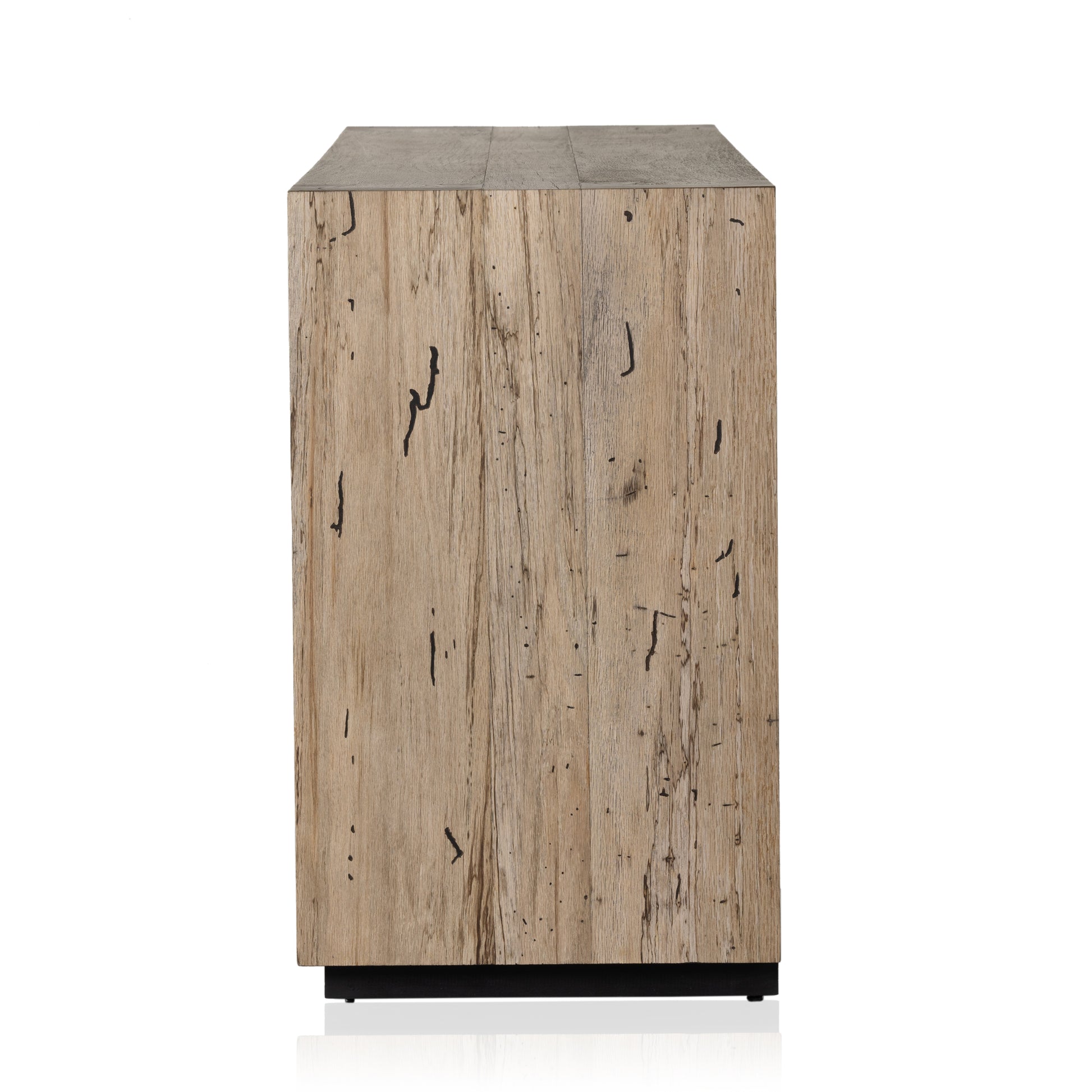 Made from thick-cut oak veneer with a faux rustic finish made to emulate wormwood, this low, large-scale sideboard features chunky squared legs and dovetail joinery detailing. Amethyst Home provides interior design, new home construction design consulting, vintage area rugs, and lighting in the Park City metro area.
