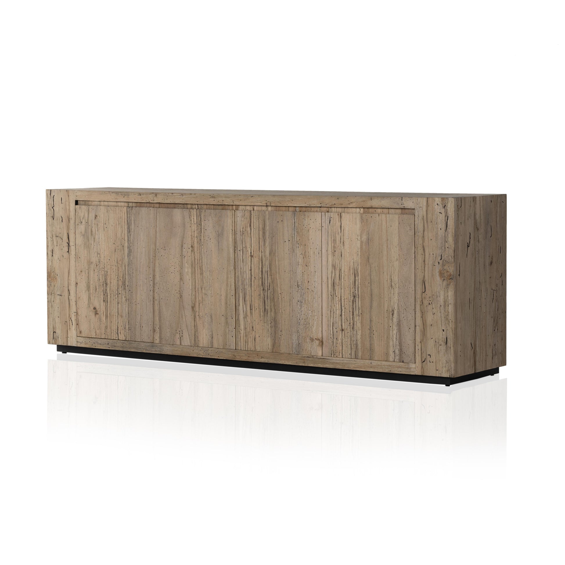 Made from thick-cut oak veneer with a faux rustic finish made to emulate wormwood, this low, large-scale sideboard features chunky squared legs and dovetail joinery detailing. Amethyst Home provides interior design, new home construction design consulting, vintage area rugs, and lighting in the Salt Lake City metro area.