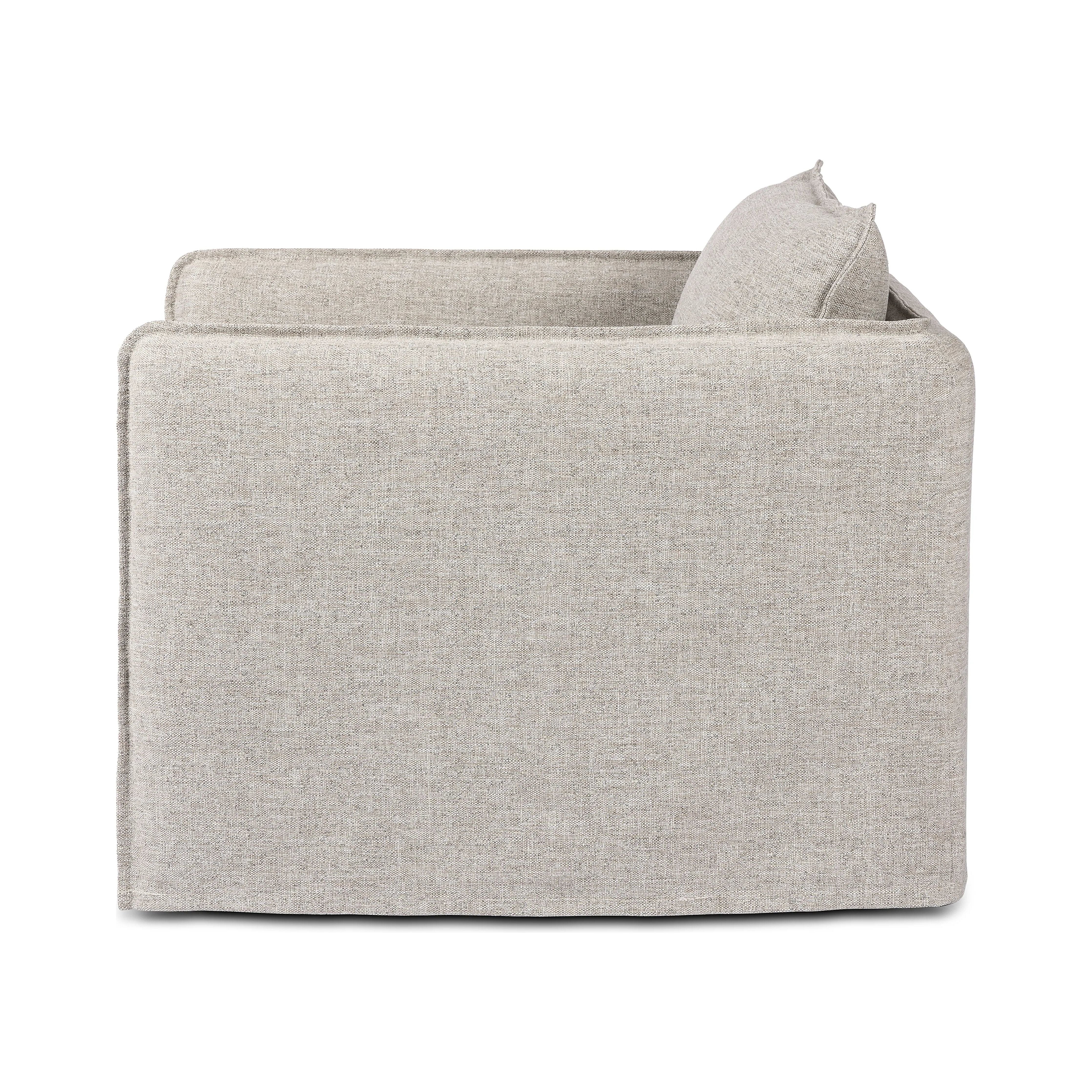 Featuring Andre Alessi Slate Outdoor Swivel Chair by Four Hands at Amethyst Home. An outdoor interpretation of an indoor silhouette. This 360-degree outdoor swivel chair offers a clean, contemporary feel with relaxed casual comfort. The seat and loose back cushions feature removable, washable slipcovers with a simple flange detail. Sustainably made with zero . Amethyst Home provides interior design, new home construction design consulting, vintage area rugs, and lighting in the Houston metro area.