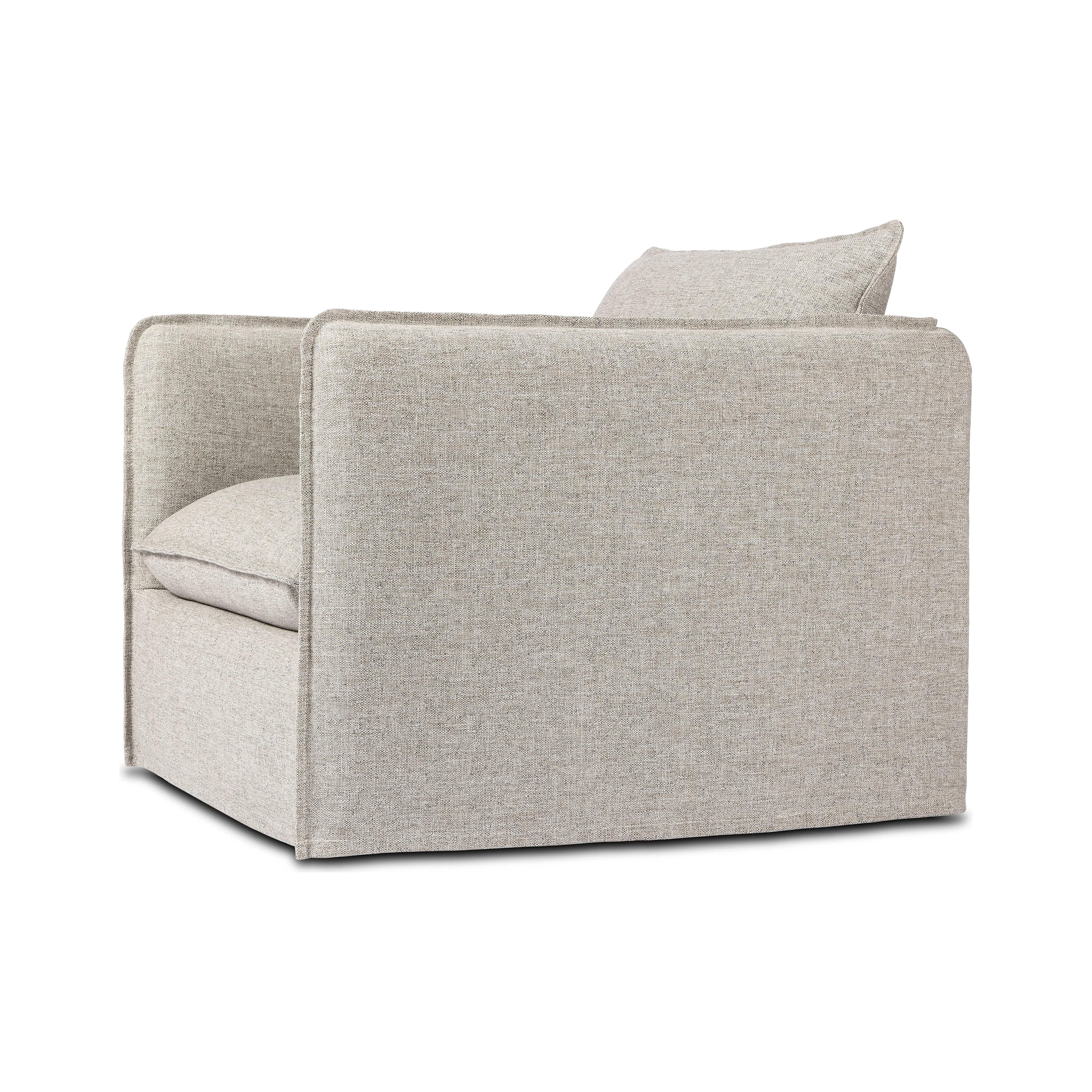 Featuring Andre Alessi Slate Outdoor Swivel Chair by Four Hands at Amethyst Home. An outdoor interpretation of an indoor silhouette. This 360-degree outdoor swivel chair offers a clean, contemporary feel with relaxed casual comfort. The seat and loose back cushions feature removable, washable slipcovers with a simple flange detail. Sustainably made with zer. Amethyst Home provides interior design, new home construction design consulting, vintage area rugs, and lighting in the Nashville metro area.