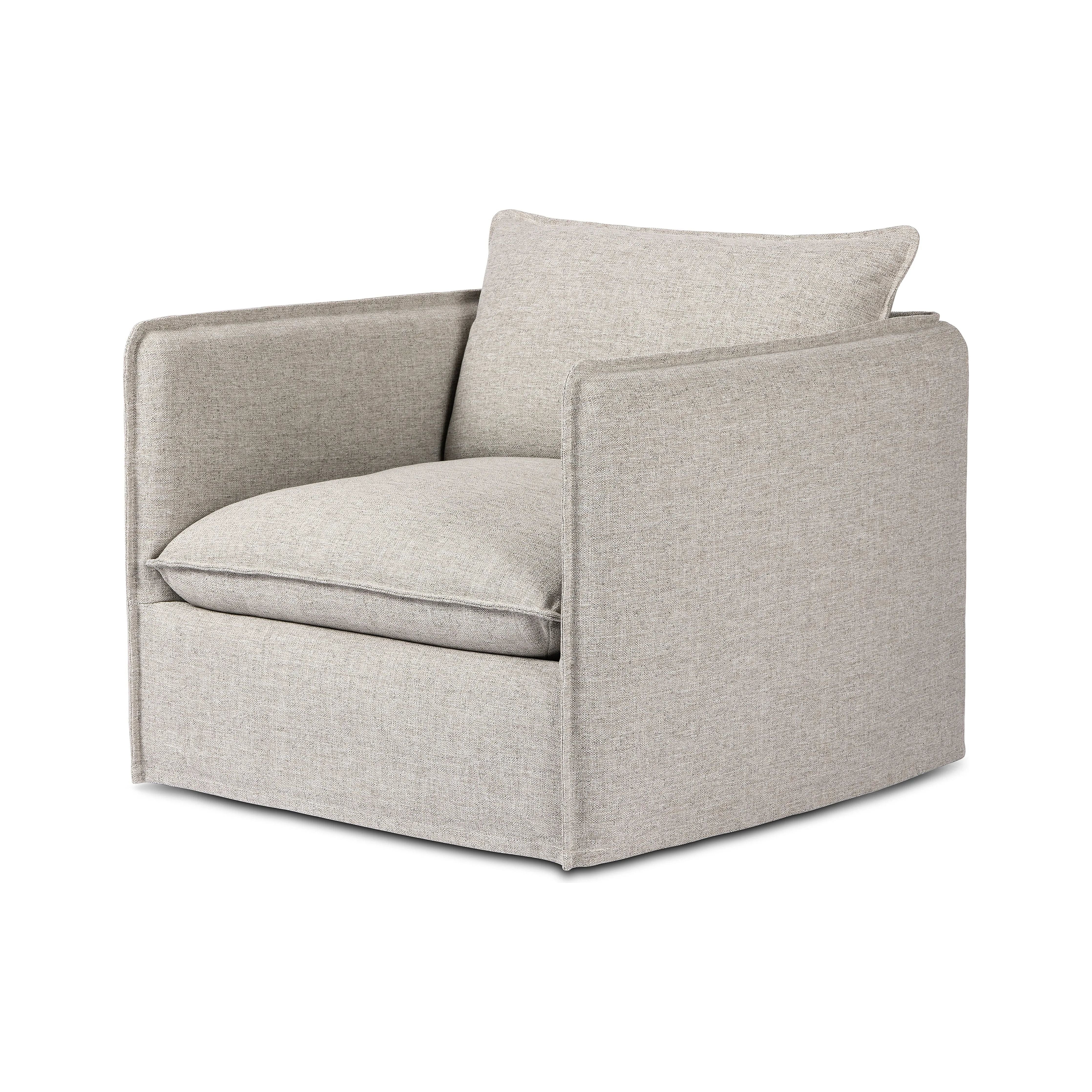 Featuring Andre Alessi Slate Outdoor Swivel Chair by Four Hands at Amethyst Home. An outdoor interpretation of an indoor silhouette. This 360-degree outdoor swivel chair offers a clean, contemporary feel with relaxed casual comfort. The seat and loose back cushions feature removable, washable slipcovers with a simple flange detail. Sustainably made with zero wa. Amethyst Home provides interior design, new home construction design consulting, vintage area rugs, and lighting in the Omaha metro area.