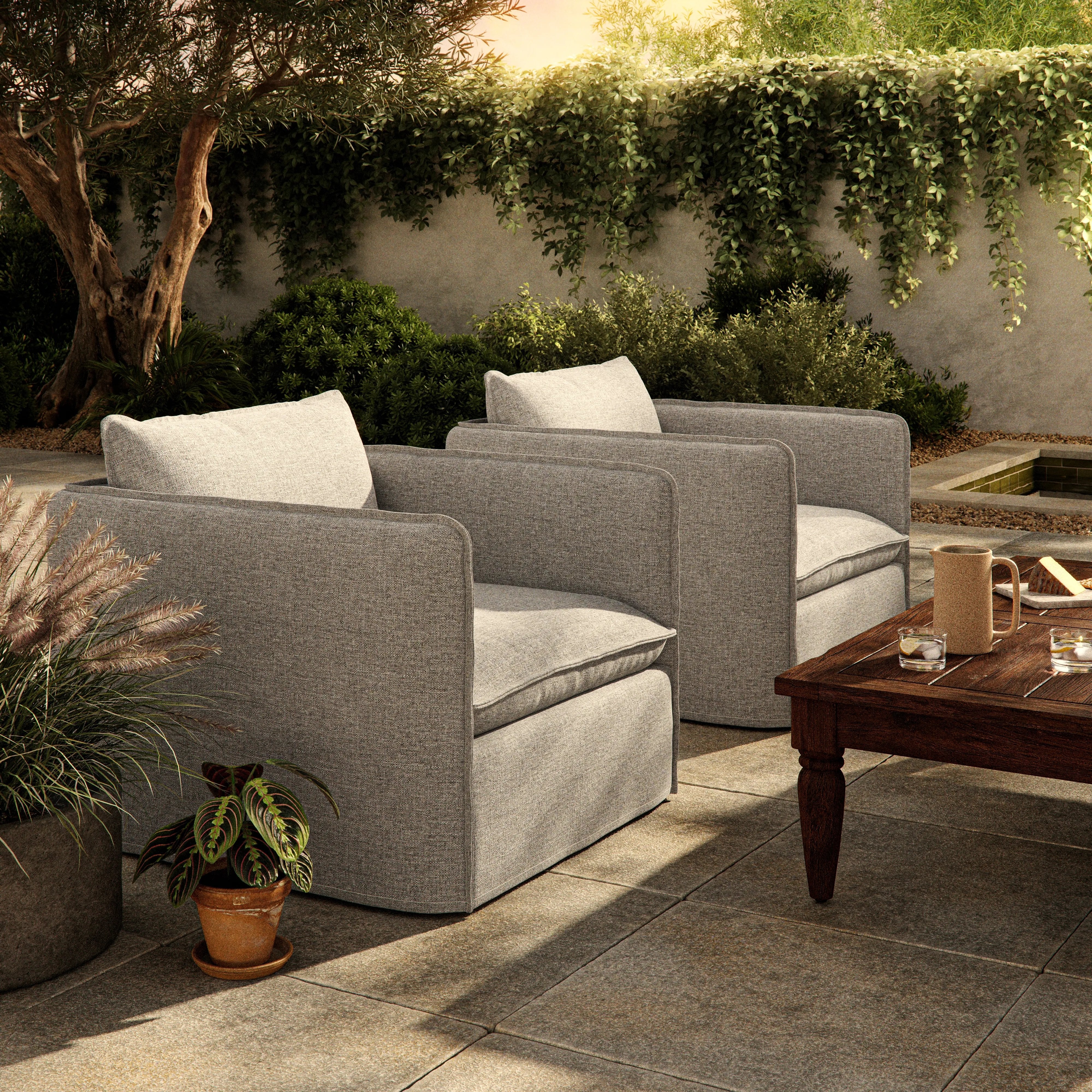 Featuring Andre Alessi Slate Outdoor Swivel Chair by Four Hands at Amethyst Home. An outdoor interpretation of an indoor silhouette. This 360-degree outdoor swivel chair offers a clean, contemporary feel with relaxed casual comfort. The seat and loose back cushions feature removable, washable slipcovers with a simple flange detail. Sustainably made with zer. Amethyst Home provides interior design, new home construction design consulting, vintage area rugs, and lighting in the Park City metro area.