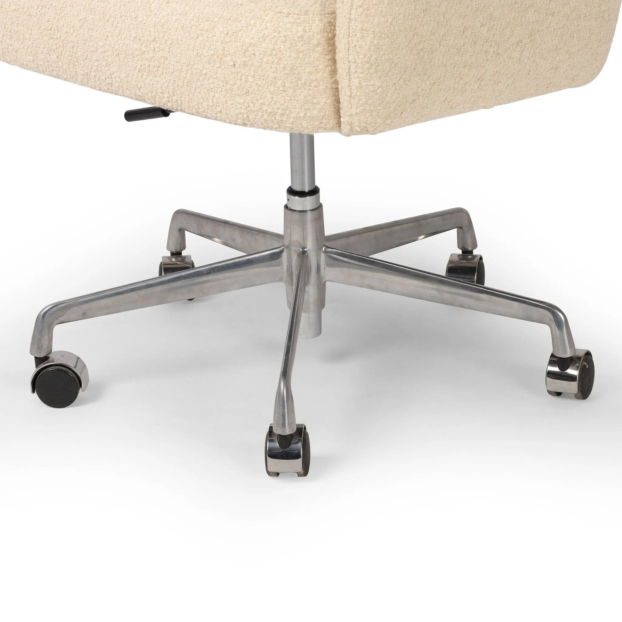 Featuring Anne Polished Aluminum Desk Desk Chair by Four Hands at Amethyst Home. An angular, sculptural silhouette features structured lines complemented by durable cream fabric. A smooth-swiveling seat glides with ease on polished aluminum casters for effortless mobility and comfort. Performance fabrics are specially created to withstand spills, stains, high . Amethyst Home provides interior design, new home construction design consulting, vintage area rugs, and lighting in the Austin metro area.