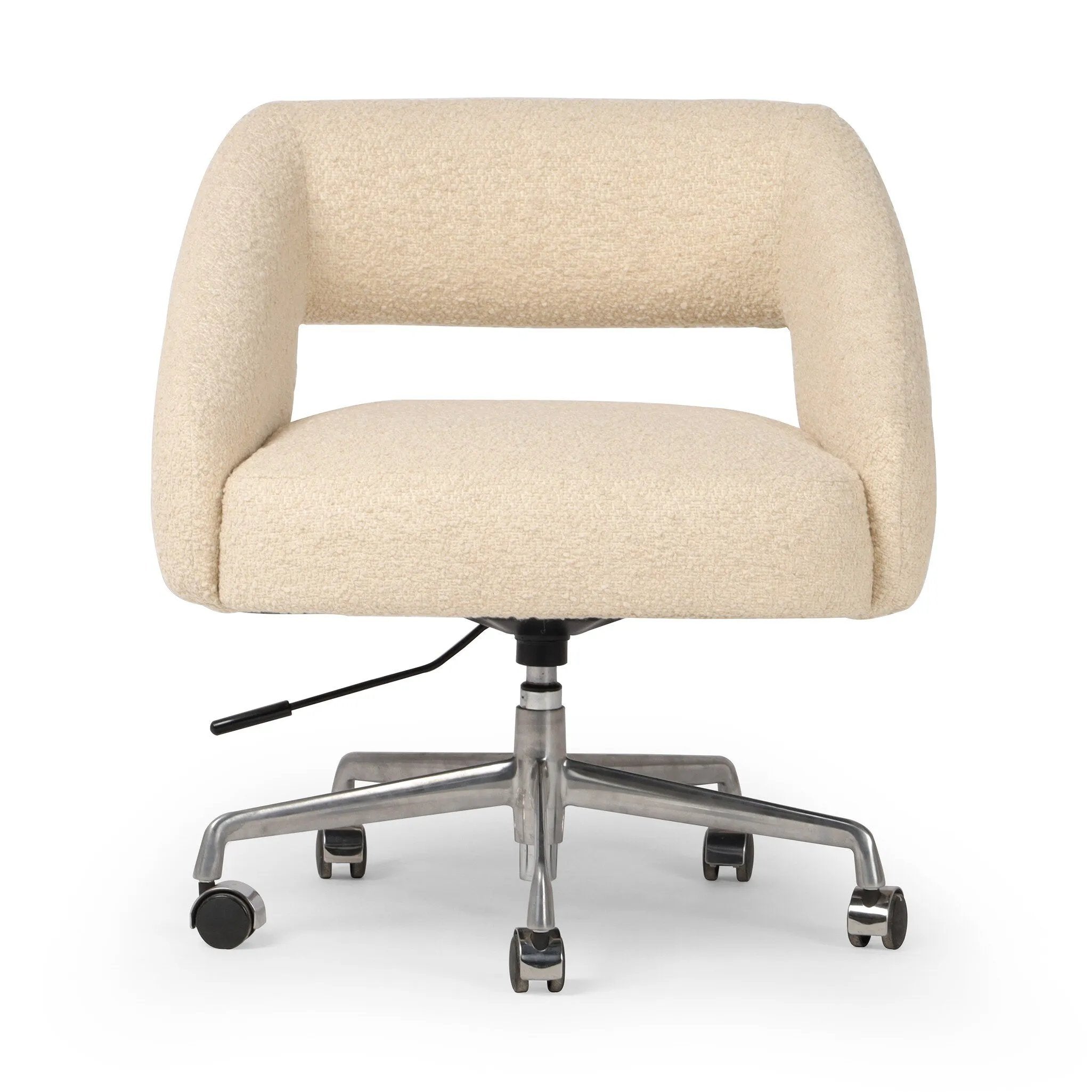 Featuring Anne Polished Aluminum Desk Desk Chair by Four Hands at Amethyst Home. An angular, sculptural silhouette features structured lines complemented by durable cream fabric. A smooth-swiveling seat glides with ease on polished aluminum casters for effortless mobility and comfort. Performance fabrics are specially created to withstand spills, stains,. Amethyst Home provides interior design, new home construction design consulting, vintage area rugs, and lighting in the Laguna Beach metro area.