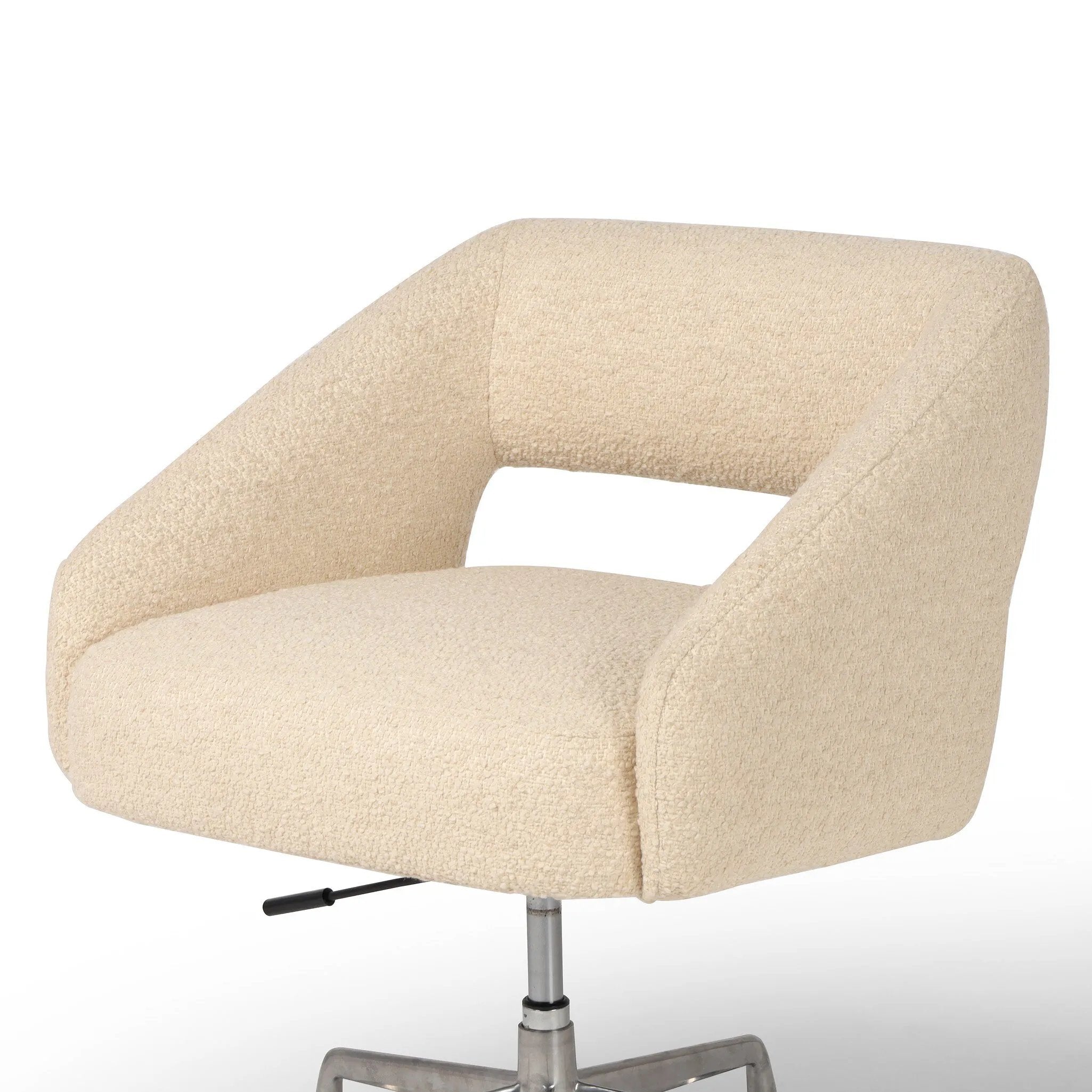 Featuring Anne Polished Aluminum Desk Desk Chair by Four Hands at Amethyst Home. An angular, sculptural silhouette features structured lines complemented by durable cream fabric. A smooth-swiveling seat glides with ease on polished aluminum casters for effortless mobility and comfort. Performance fabrics are specially created to withstand spills, stains, high t. Amethyst Home provides interior design, new home construction design consulting, vintage area rugs, and lighting in the Miami metro area.