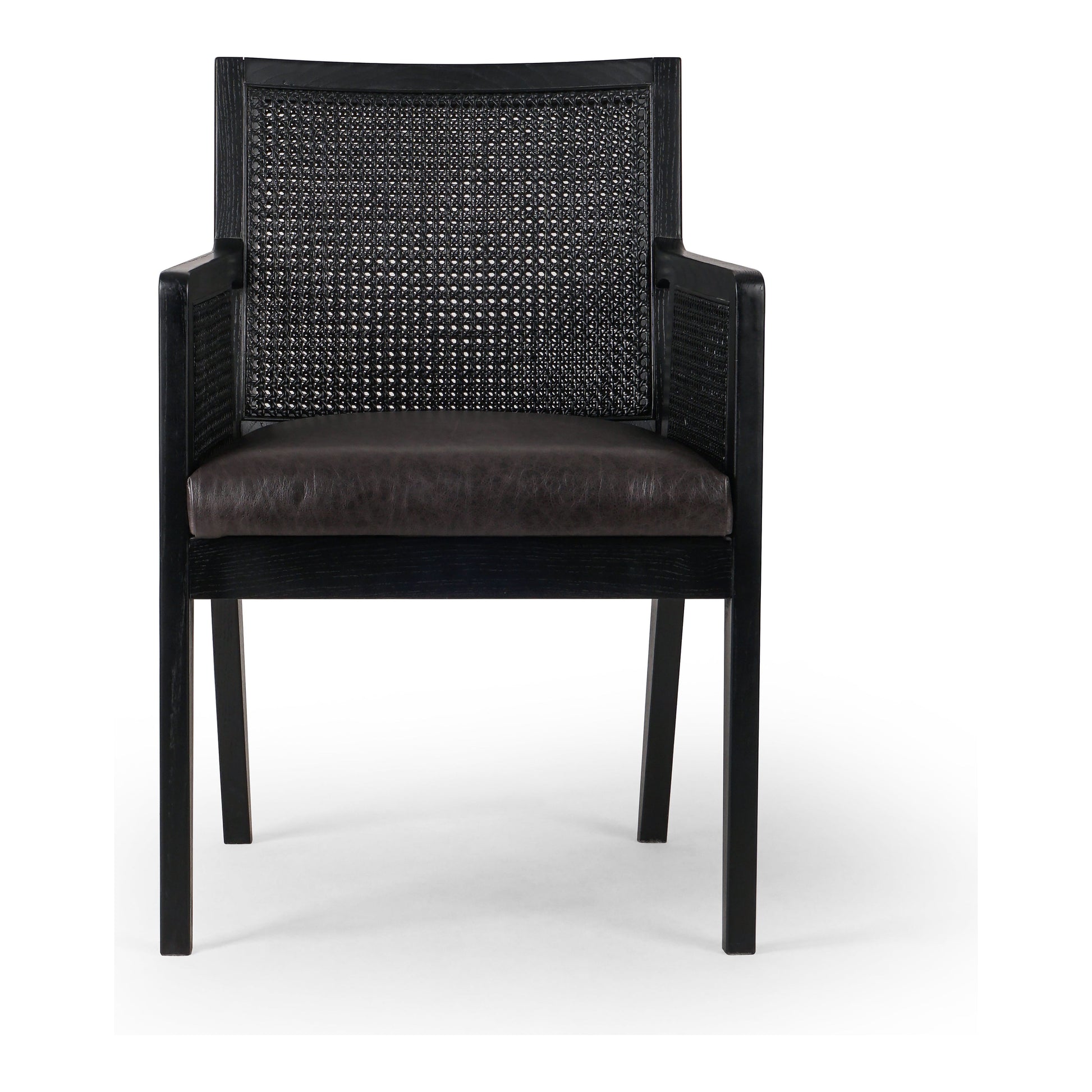 Ebony-brushed parawood frames a textural cane inlay, with top-grain leather seating in a chic black. Amethyst Home provides interior design, new construction, custom furniture, and area rugs in the Charlotte metro area.