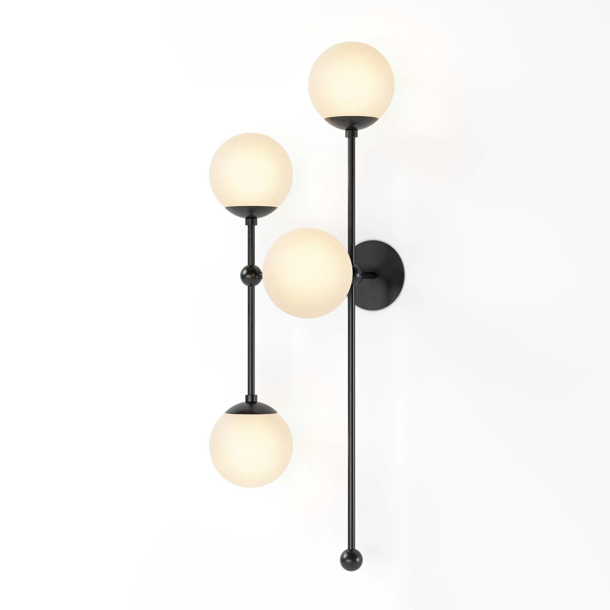 Featuring Armstrong Black Gunmetal Opal Matte Glass 4 L Sconce by Four Hands at Amethyst Home. Matte glass spheres seem to extend and reach across smooth brass rods. Each globe is individually blown, shaped and sculpted by hand through a one-hour process. Matte globes are specially manufactured to evenly diffuse light. The finish on the brass frame is achi. Amethyst Home provides interior design, new home construction design consulting, vintage area rugs, and lighting in the Alpharetta metro area.