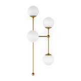 Featuring Armstrong Burnished Brass Opal Matte Glass 4 R Sconce by Four Hands at Amethyst Home. Matte glass spheres seem to extend and reach across smooth brass rods. Each globe is individually blown, shaped and sculpted by hand through a one-hour process. Matte globes are specially manufactured to evenly diffuse light. Brass and glass are 98% recyclable. . Amethyst Home provides interior design, new home construction design consulting, vintage area rugs, and lighting in the Scottsdale metro area.
