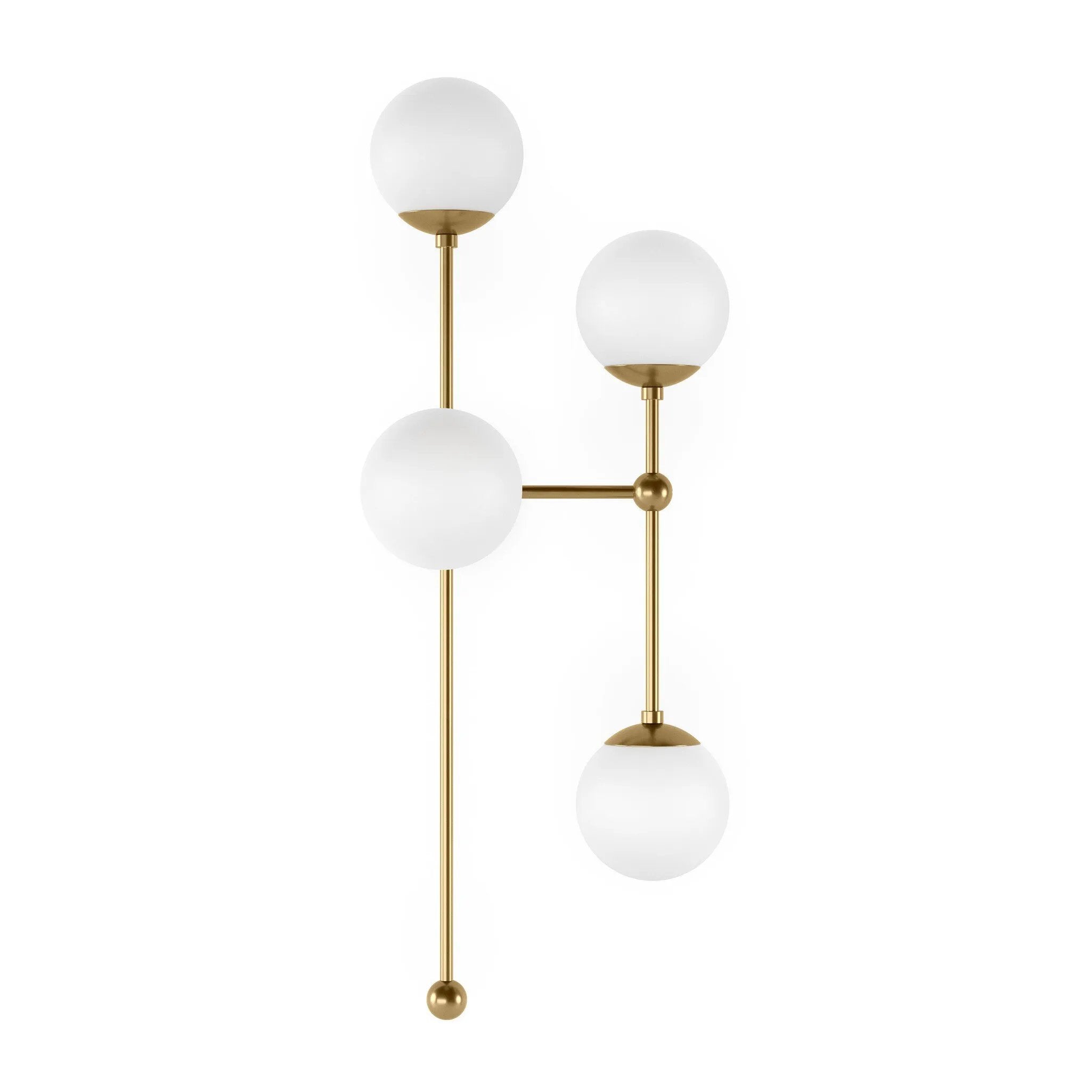 Featuring Armstrong Burnished Brass Opal Matte Glass 4 R Sconce by Four Hands at Amethyst Home. Matte glass spheres seem to extend and reach across smooth brass rods. Each globe is individually blown, shaped and sculpted by hand through a one-hour process. Matte globes are specially manufactured to evenly diffuse light. Brass and glass are 98% recyclable. . Amethyst Home provides interior design, new home construction design consulting, vintage area rugs, and lighting in the Scottsdale metro area.