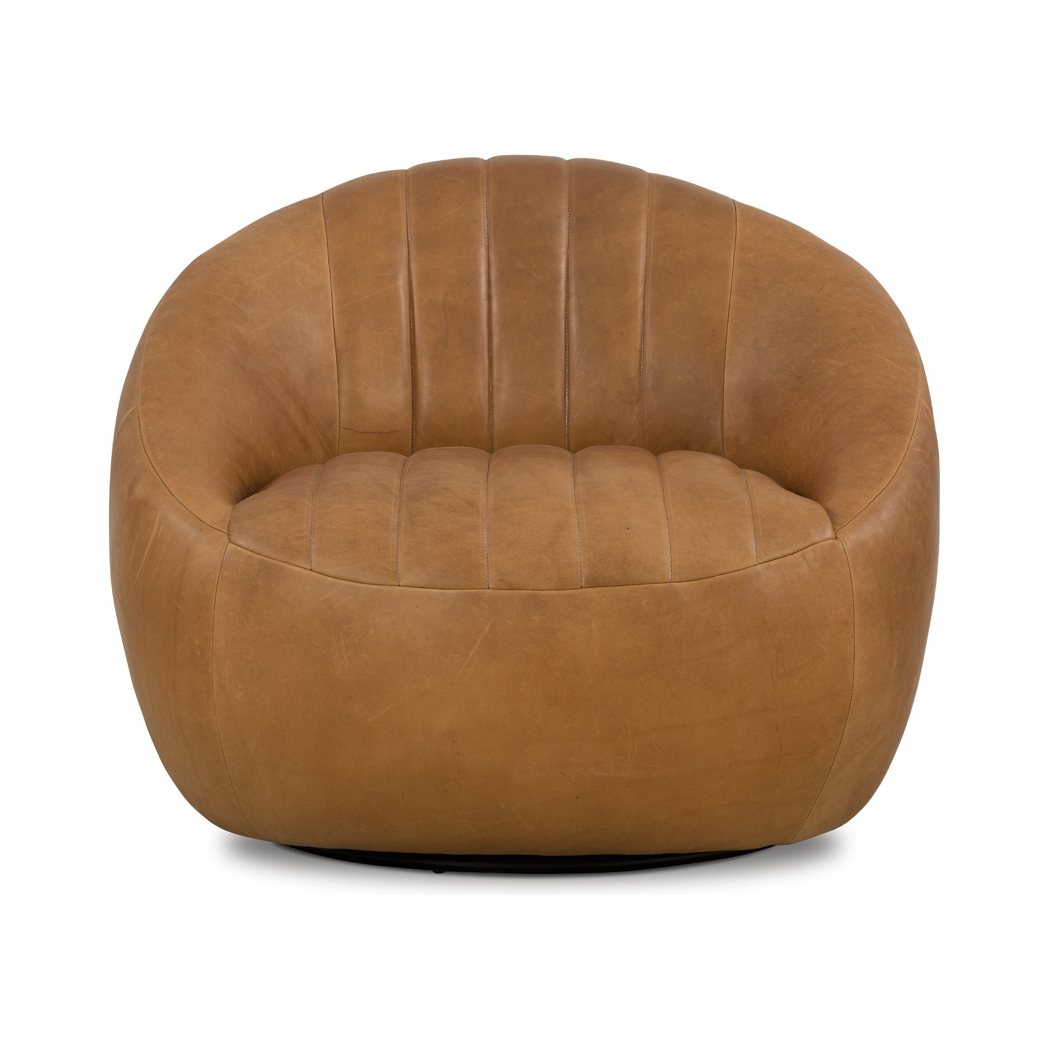 The Audie Heirloom Sienna Swivel Chair is made of heirloom leather that is salvaged and processed from upcycled hides featuring an abundance of natural markings, scars, and color variations. The result? Supple, buttery-soft hides with an unmatched depth of color and authentic lived-in look. Amethyst Home provides interior design services, furniture, rugs, and lighting in the Dallas metro area.