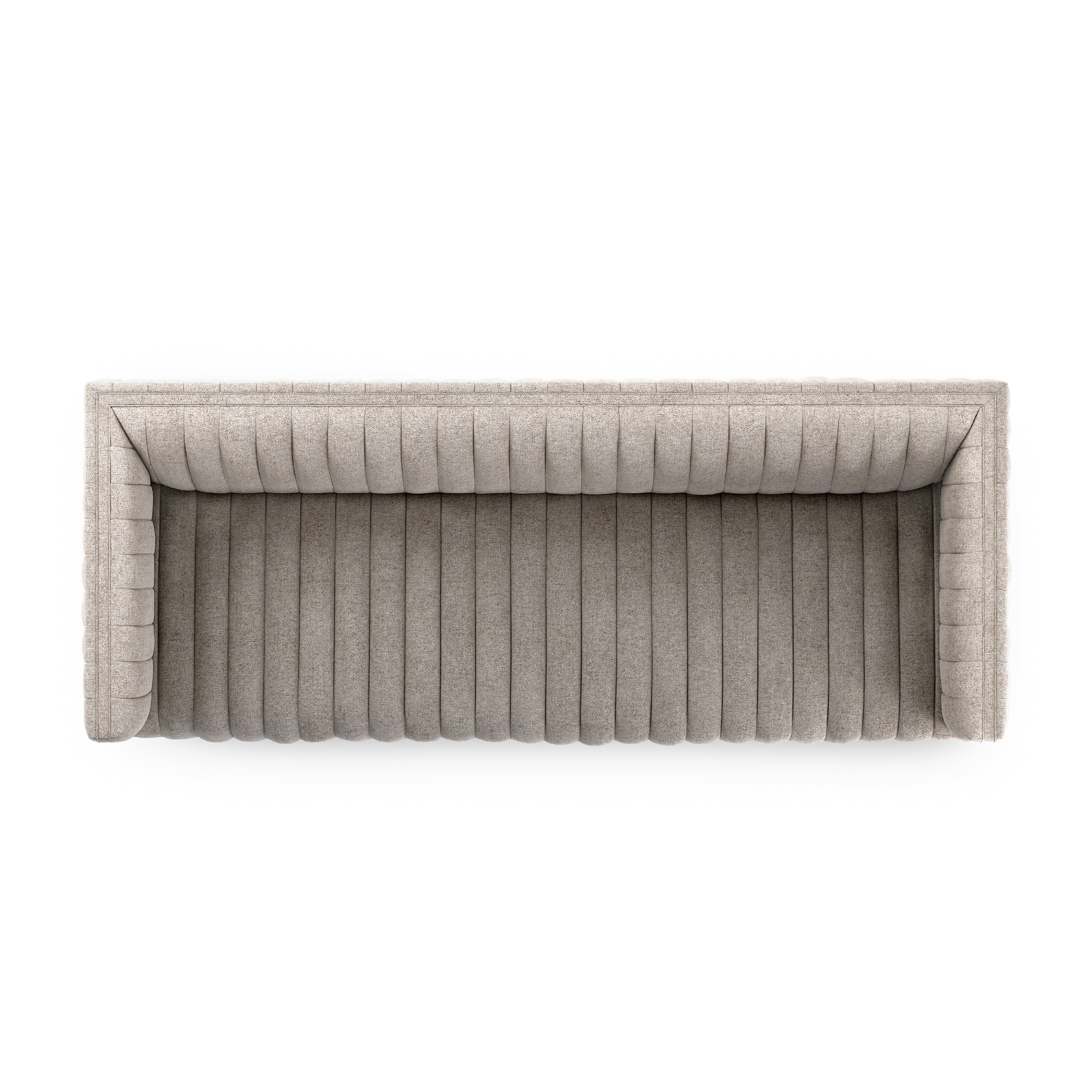 A dramatically channeled sofa with textural grey upholstery offers a clean look inspired by modern menswear. Amethyst Home provides interior design, new construction, custom furniture, and area rugs in the Charlotte metro area.