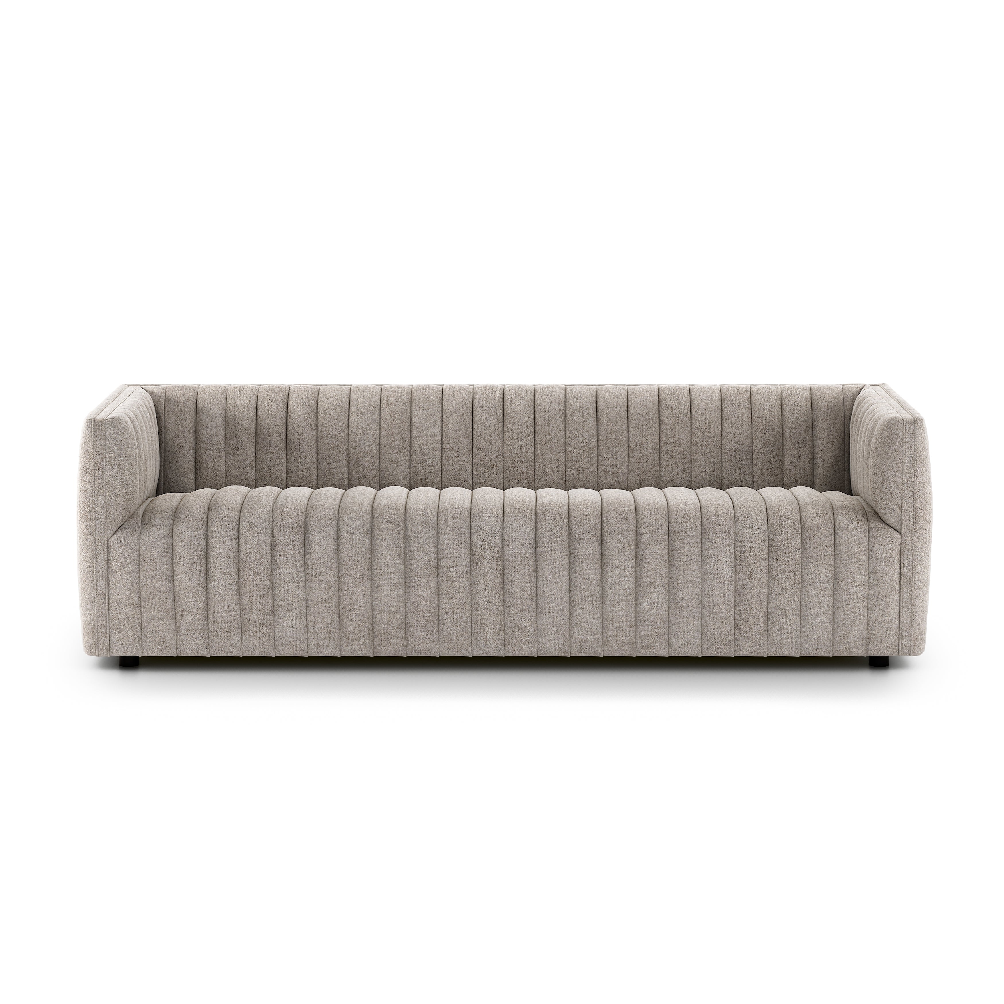 A dramatically channeled sofa with textural grey upholstery offers a clean look inspired by modern menswear. Amethyst Home provides interior design, new construction, custom furniture, and area rugs in the Los Angeles metro area.