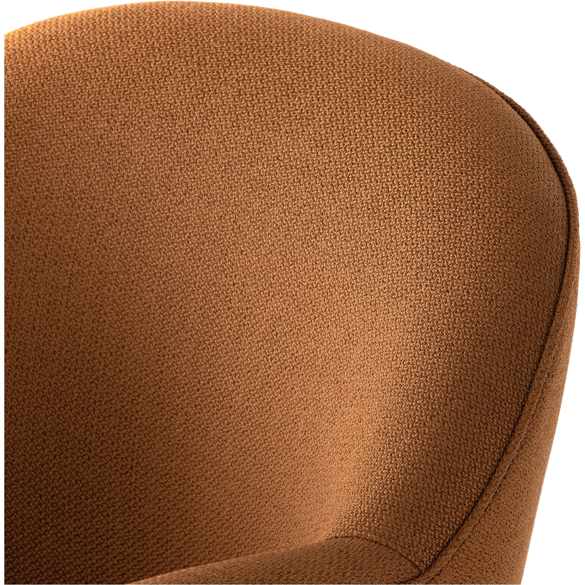 Intriguing while inviting. Drum-style seating is upholstered in a soothing and warm rust umber hue. A swivel base of natural parawood places a fresh spin on a feminine form. Amethyst Home provides interior design, new construction, custom furniture, and area rugs in the Scottsdale metro area.