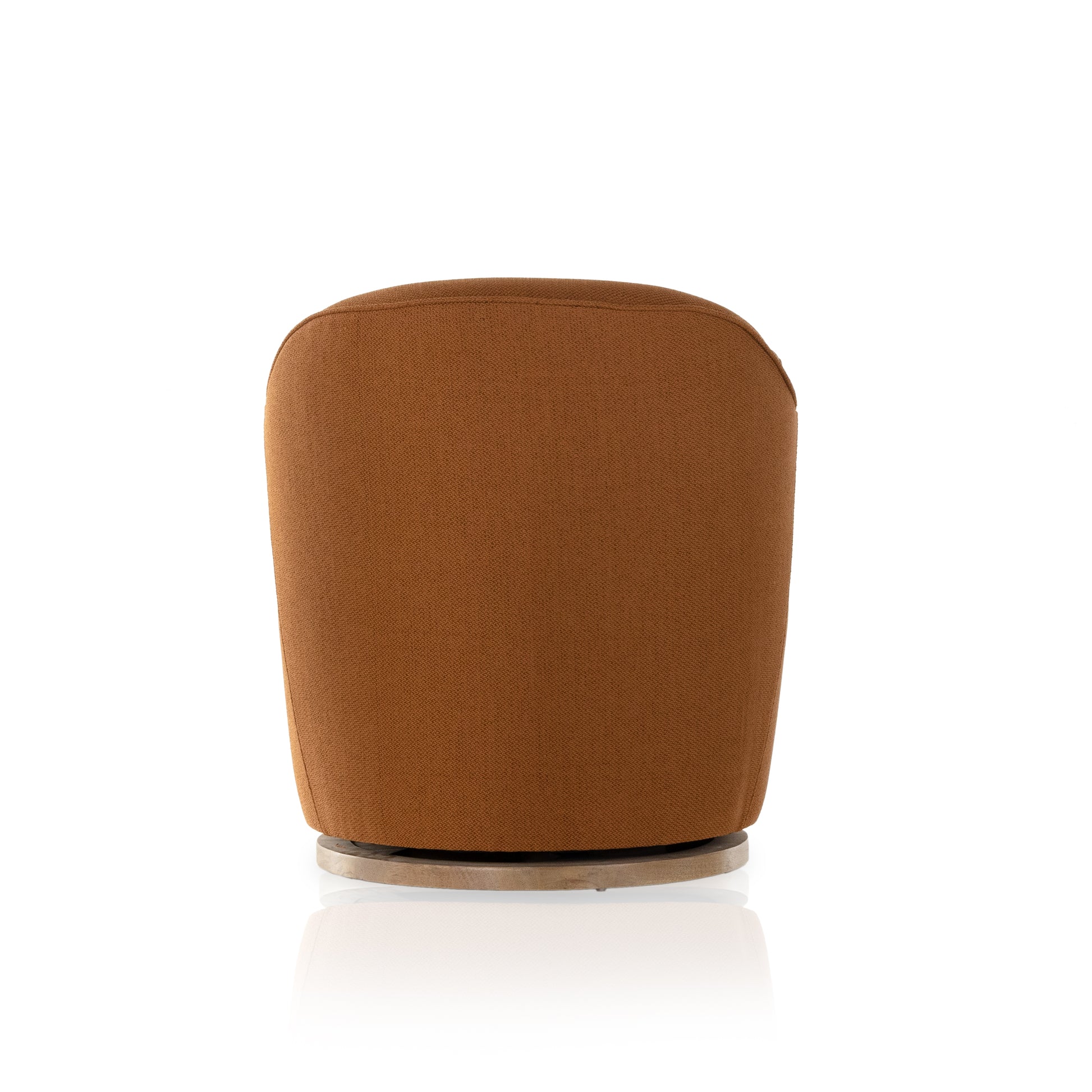 Intriguing while inviting. Drum-style seating is upholstered in a soothing and warm rust umber hue. A swivel base of natural parawood places a fresh spin on a feminine form. Amethyst Home provides interior design, new construction, custom furniture, and area rugs in the Seattle metro area.
