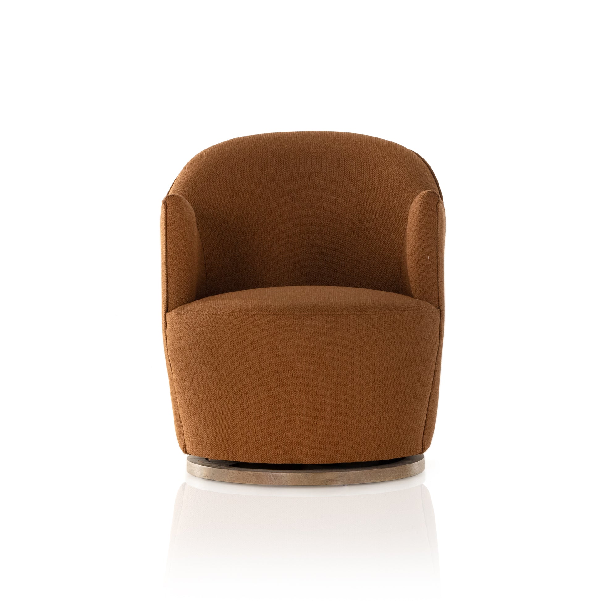 Intriguing while inviting. Drum-style seating is upholstered in a soothing and warm rust umber hue. A swivel base of natural parawood places a fresh spin on a feminine form. Amethyst Home provides interior design, new construction, custom furniture, and area rugs in the Winter Garden metro area.