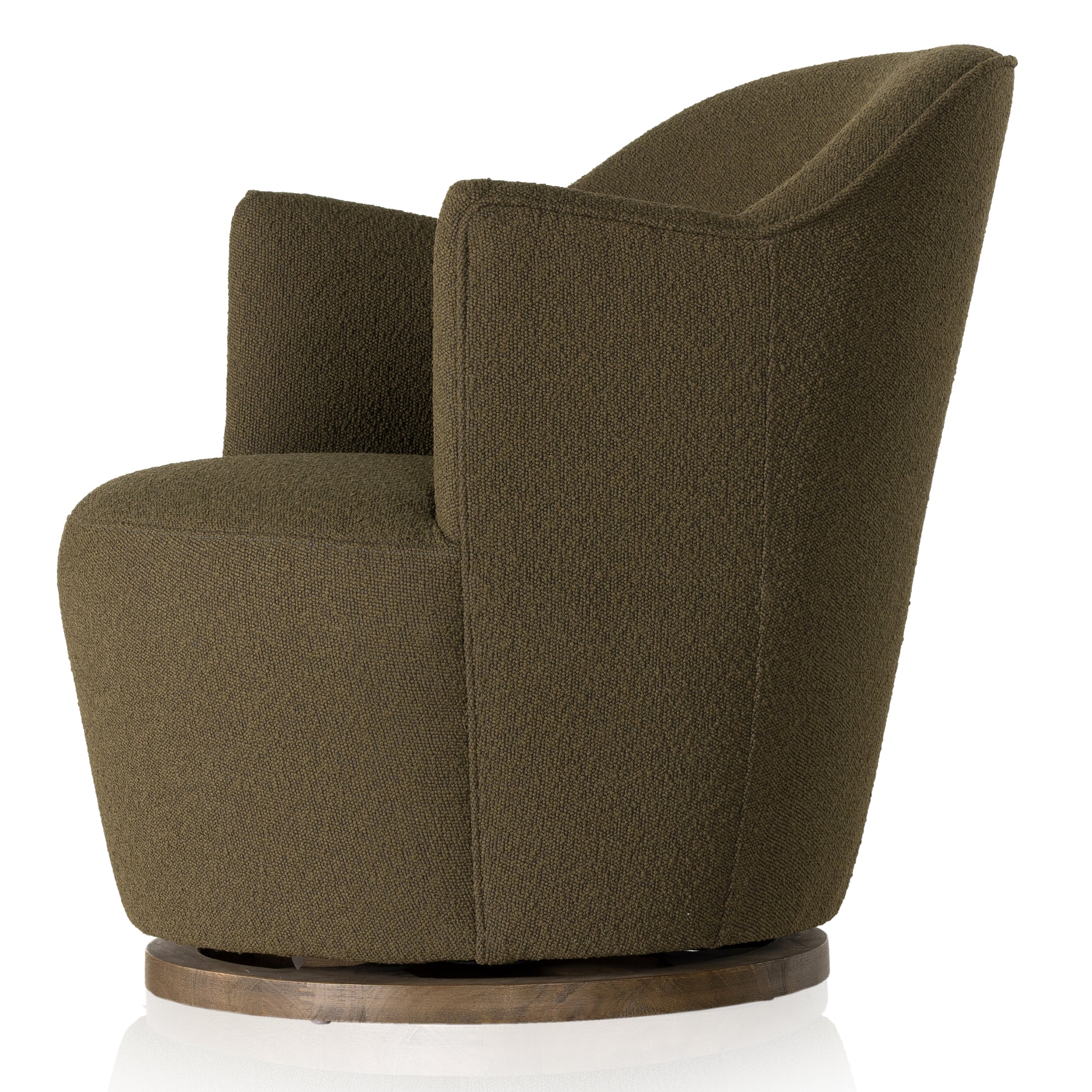 Intriguing while inviting. Drum-style seating is upholstered in a soothing and textural olive boucle. A swivel base of distressed natural parawood places a fresh spin on a feminine form. Performance fabrics are specially created to withstand spills, stains, high traffic and wear, ensuring long-term comfort and unmatched durability. Amethyst Home provides interior design, new construction, custom furniture and area rugs in the Charlotte metro area