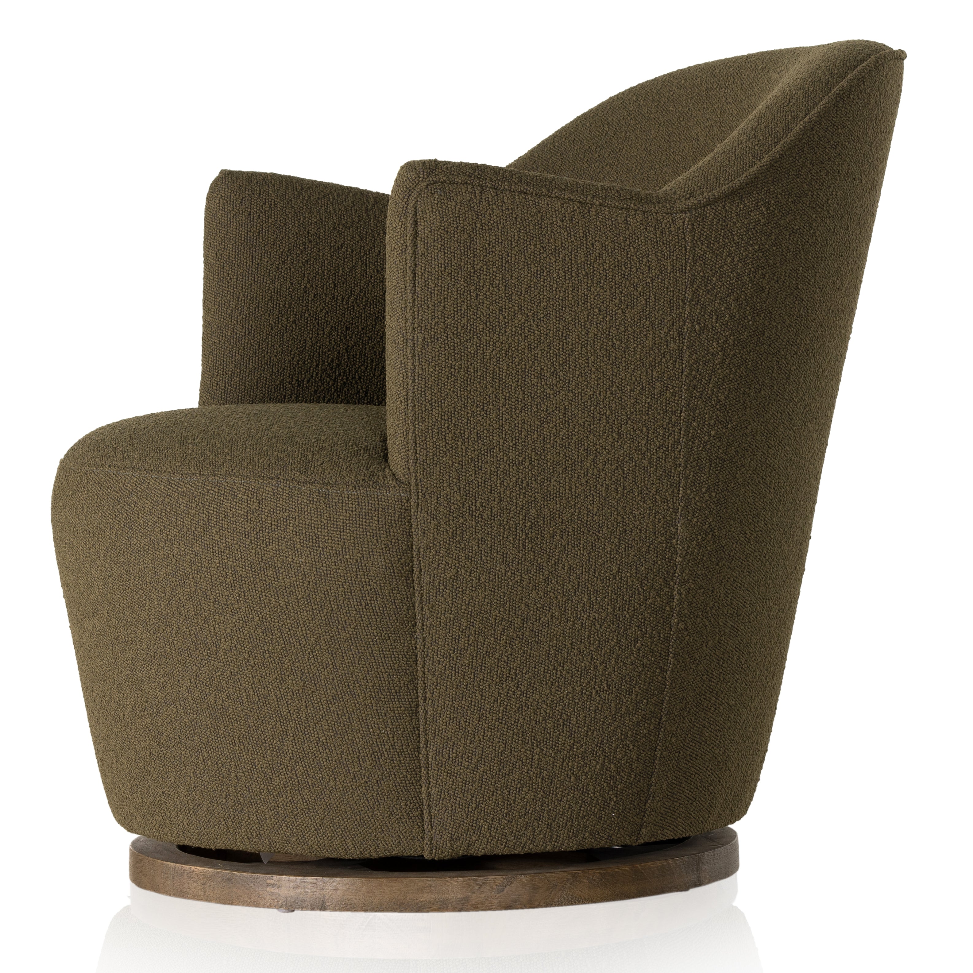 Intriguing while inviting. Drum-style seating is upholstered in a soothing and textural olive boucle. A swivel base of distressed natural parawood places a fresh spin on a feminine form. Performance fabrics are specially created to withstand spills, stains, high traffic and wear, ensuring long-term comfort and unmatched durability. Amethyst Home provides interior design, new construction, custom furniture and area rugs in the Charlotte metro area