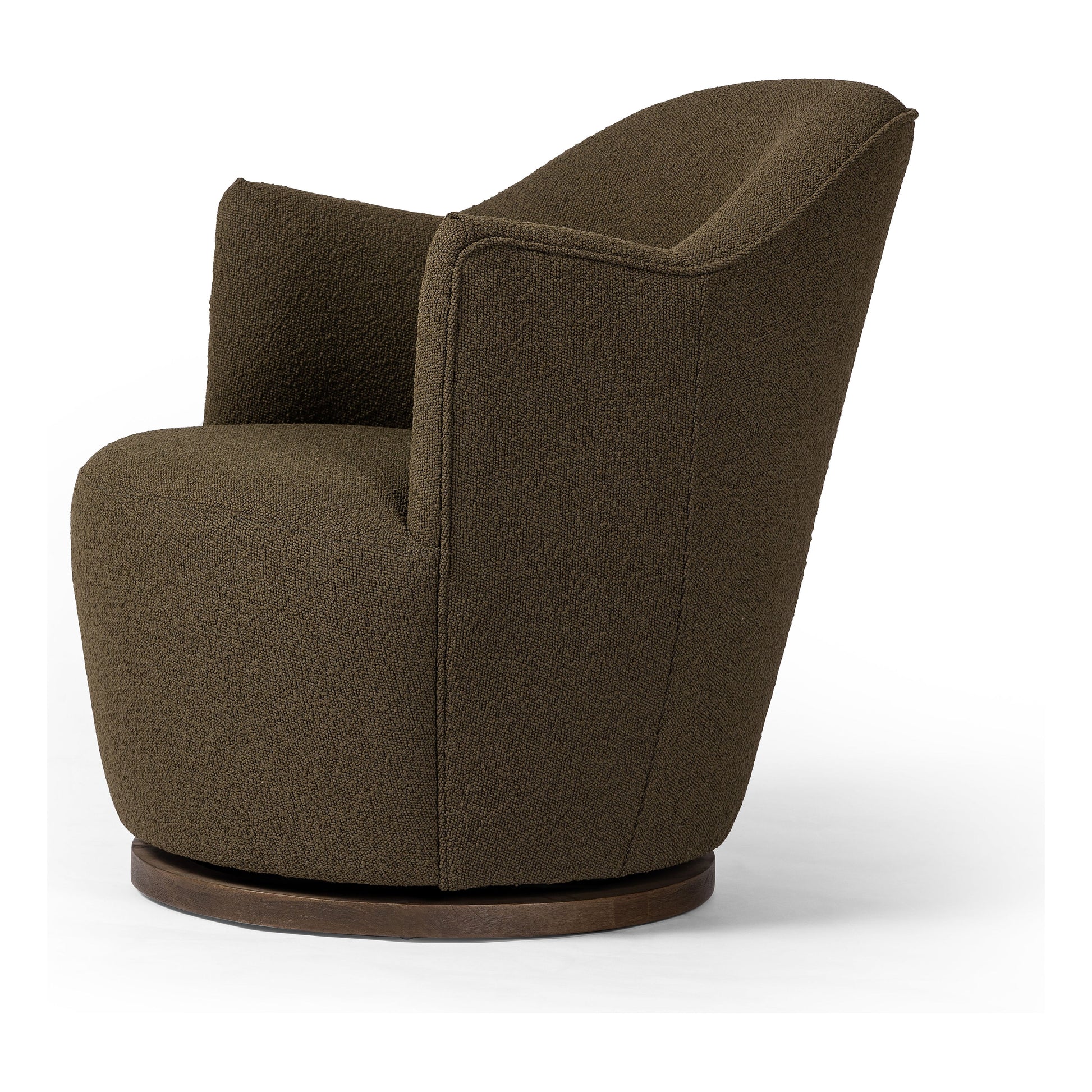 Intriguing while inviting. Drum-style seating is upholstered in a soothing and textural olive boucle. A swivel base of distressed natural parawood places a fresh spin on a feminine form. Performance fabrics are specially created to withstand spills, stains, high traffic and wear, ensuring long-term comfort and unmatched durability. Amethyst Home provides interior design, new construction, custom furniture and area rugs in the Des Moines metro area