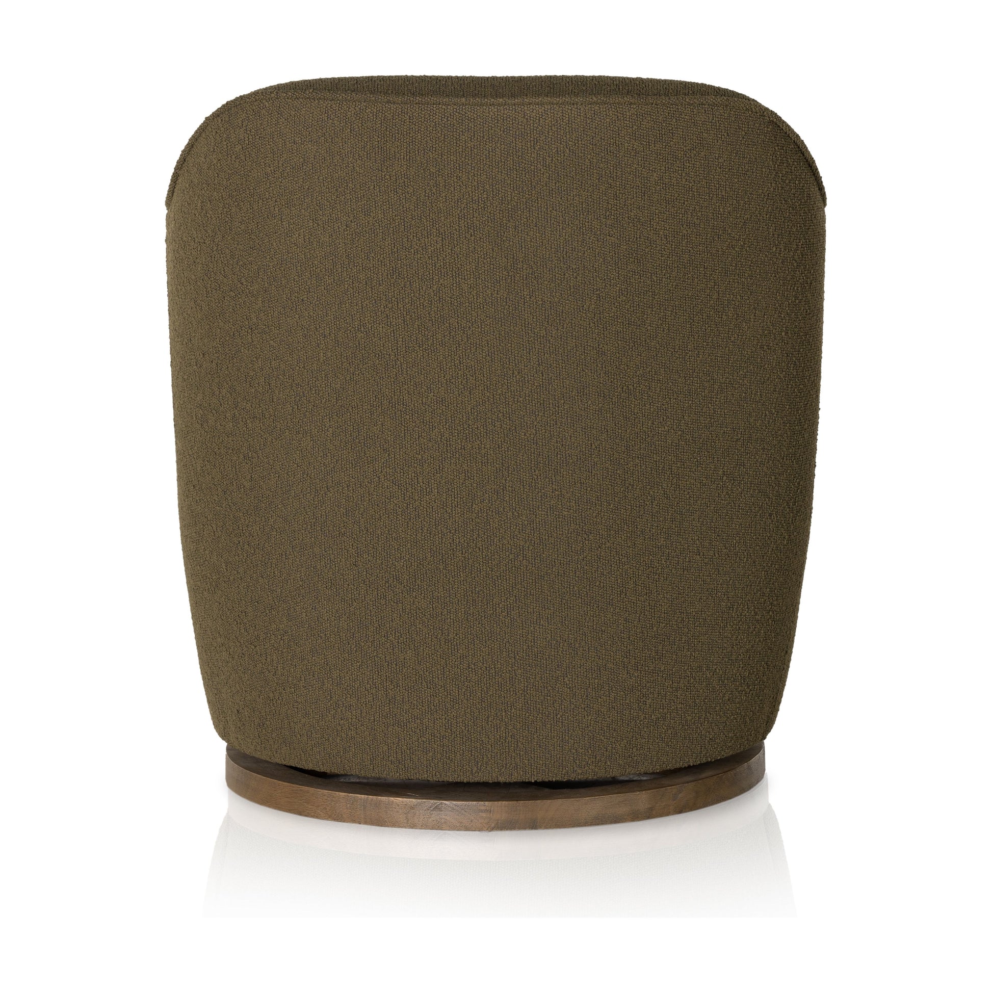 Intriguing while inviting. Drum-style seating is upholstered in a soothing and textural olive boucle. A swivel base of distressed natural parawood places a fresh spin on a feminine form. Performance fabrics are specially created to withstand spills, stains, high traffic and wear, ensuring long-term comfort and unmatched durability. Amethyst Home provides interior design, new construction, custom furniture and area rugs in the Des Moines metro area