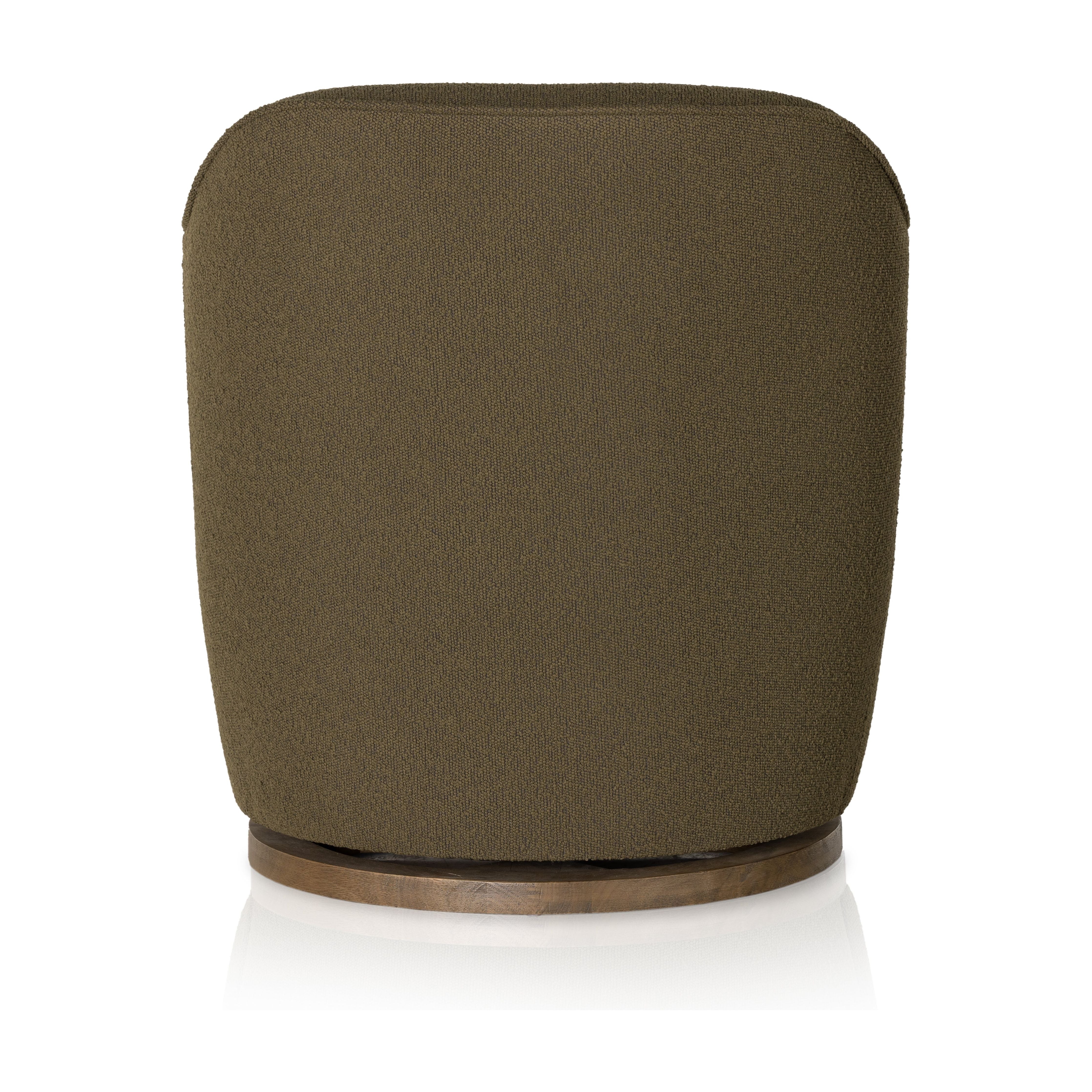 Intriguing while inviting. Drum-style seating is upholstered in a soothing and textural olive boucle. A swivel base of distressed natural parawood places a fresh spin on a feminine form. Performance fabrics are specially created to withstand spills, stains, high traffic and wear, ensuring long-term comfort and unmatched durability. Amethyst Home provides interior design, new construction, custom furniture and area rugs in the Des Moines metro area