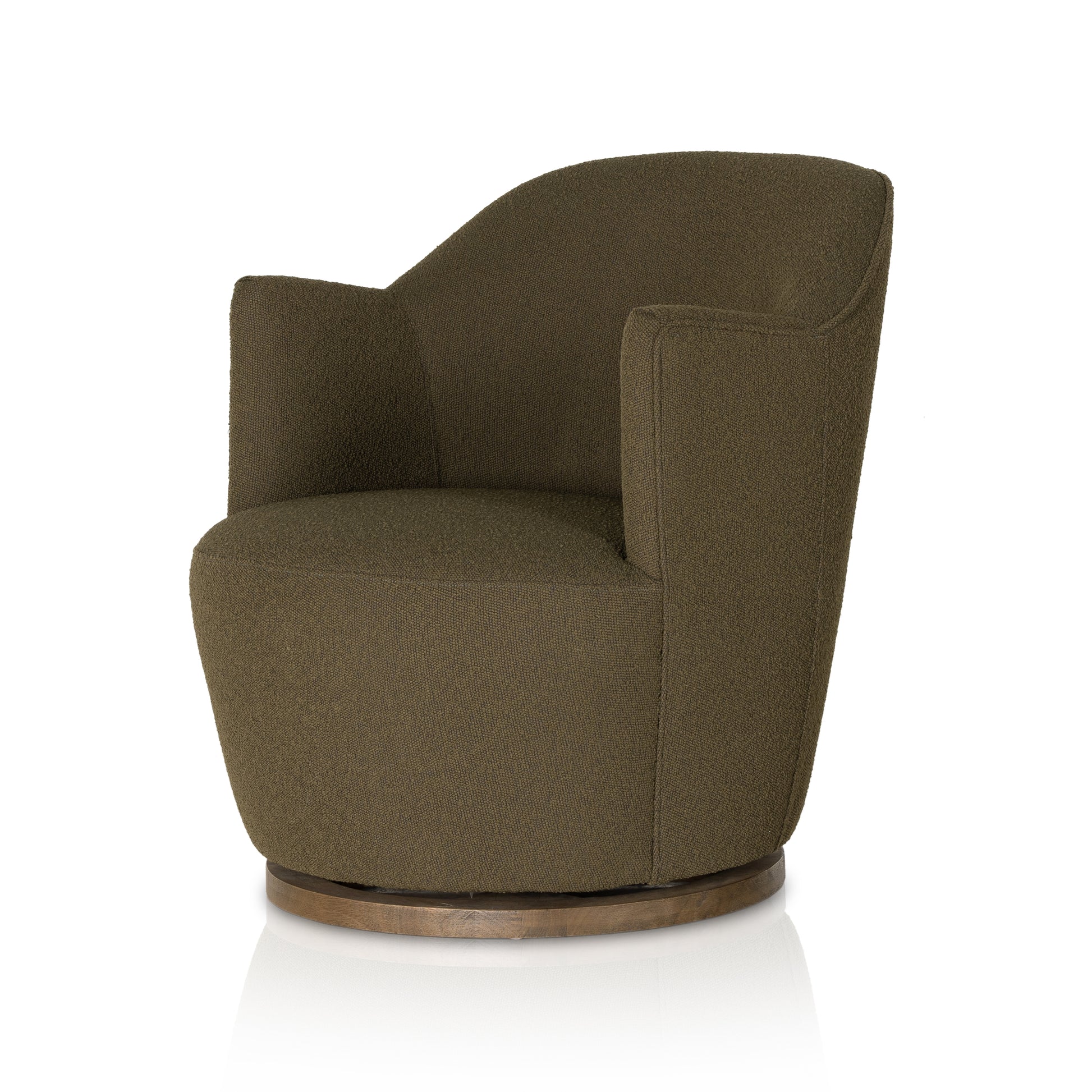 Intriguing while inviting. Drum-style seating is upholstered in a soothing and textural olive boucle. A swivel base of distressed natural parawood places a fresh spin on a feminine form. Performance fabrics are specially created to withstand spills, stains, high traffic and wear, ensuring long-term comfort and unmatched durability. Amethyst Home provides interior design, new construction, custom furniture and area rugs in the Houston metro area