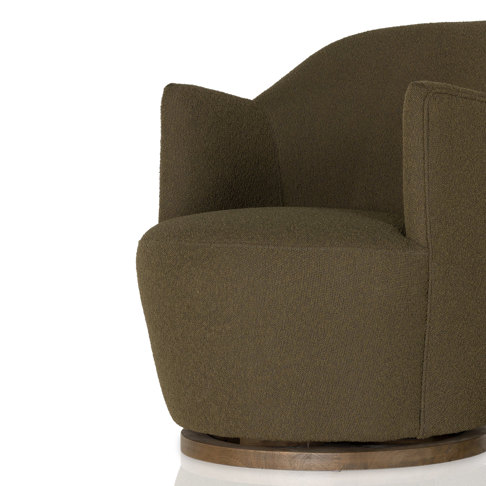 Intriguing while inviting. Drum-style seating is upholstered in a soothing and textural olive boucle. A swivel base of distressed natural parawood places a fresh spin on a feminine form. Performance fabrics are specially created to withstand spills, stains, high traffic and wear, ensuring long-term comfort and unmatched durability. Amethyst Home provides interior design, new construction, custom furniture and area rugs in the Miami metro area