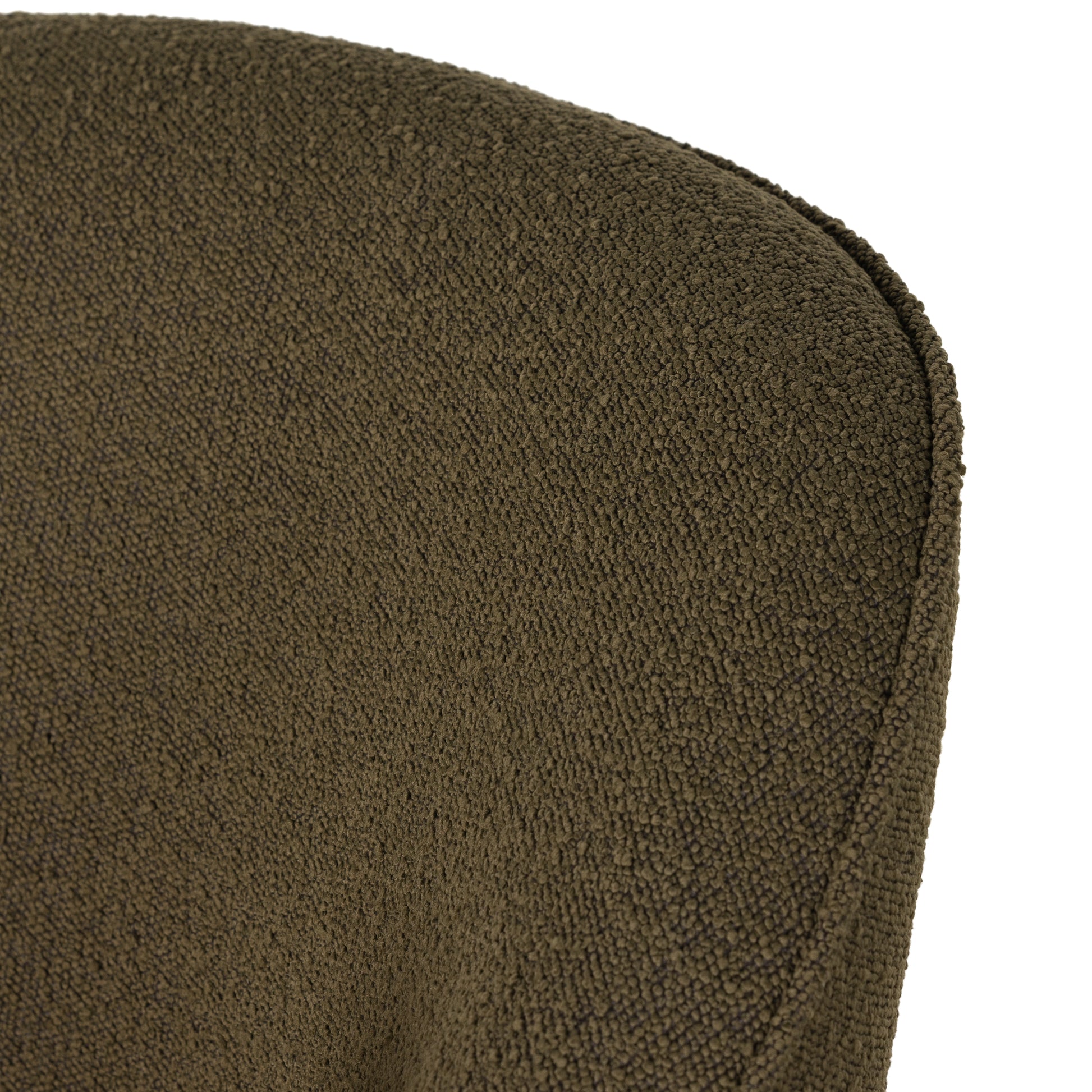Intriguing while inviting. Drum-style seating is upholstered in a soothing and textural olive boucle. A swivel base of distressed natural parawood places a fresh spin on a feminine form. Performance fabrics are specially created to withstand spills, stains, high traffic and wear, ensuring long-term comfort and unmatched durability. Amethyst Home provides interior design, new construction, custom furniture and area rugs in the Tampa metro area