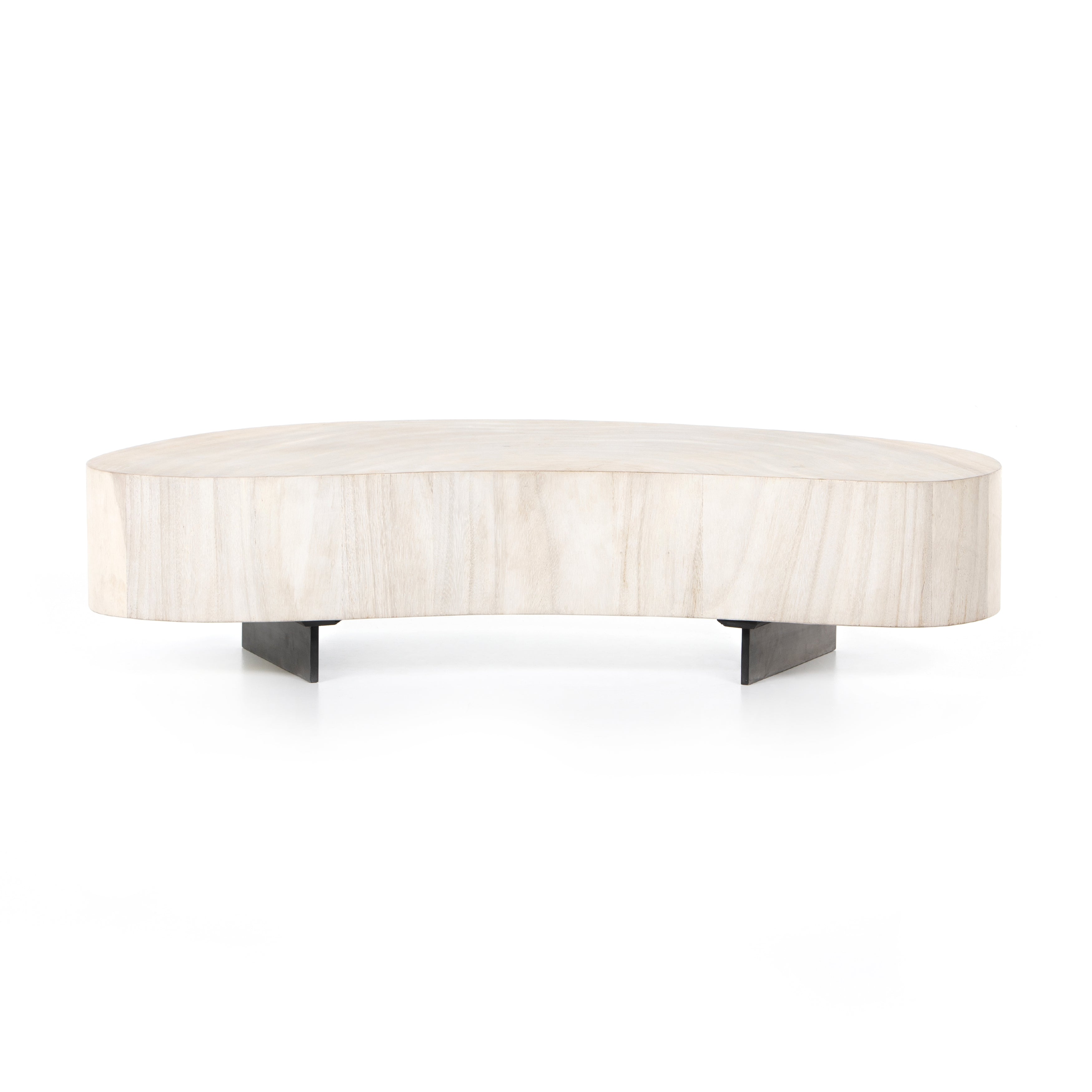 Natural beauty, total novelty. Bleached oyster-cut Guanacaste forms a petite, kidney-shaped coffee table. Visible rings speak to woods' natural graining, while a dark gunmetal-finished base provides clean contrast to the whole look. Short piece; measures 49.5"x24"x11.75". Option to pair with taller piece, sold separately. Amethyst Home provides interior design, new construction, custom furniture, and area rugs in the Monterey metro area.