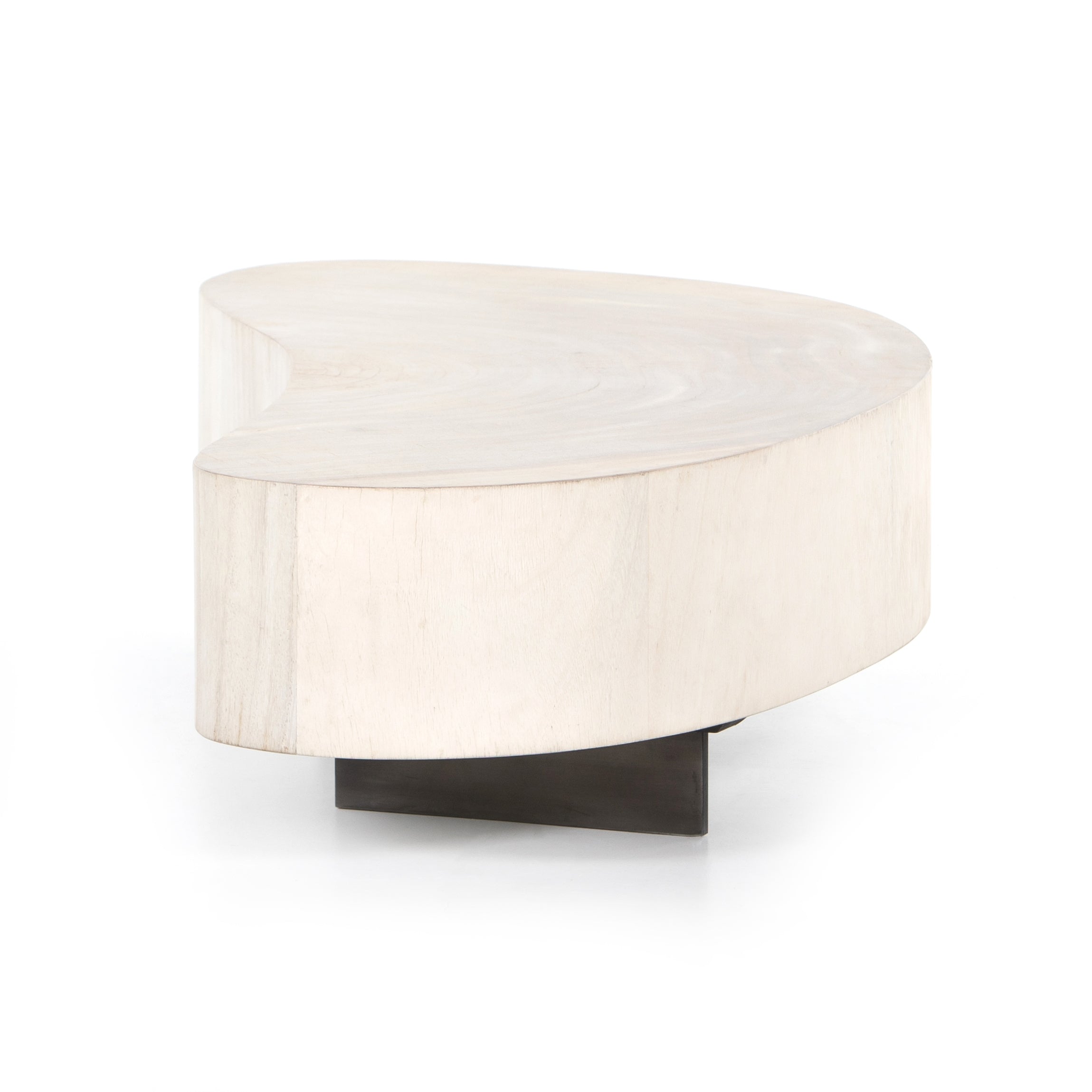 Natural beauty, total novelty. Bleached oyster-cut Guanacaste forms a petite, kidney-shaped coffee table. Visible rings speak to woods' natural graining, while a dark gunmetal-finished base provides clean contrast to the whole look. Short piece; measures 49.5"x24"x11.75". Option to pair with taller piece, sold separately. Amethyst Home provides interior design, new construction, custom furniture, and area rugs in the San Diego metro area.