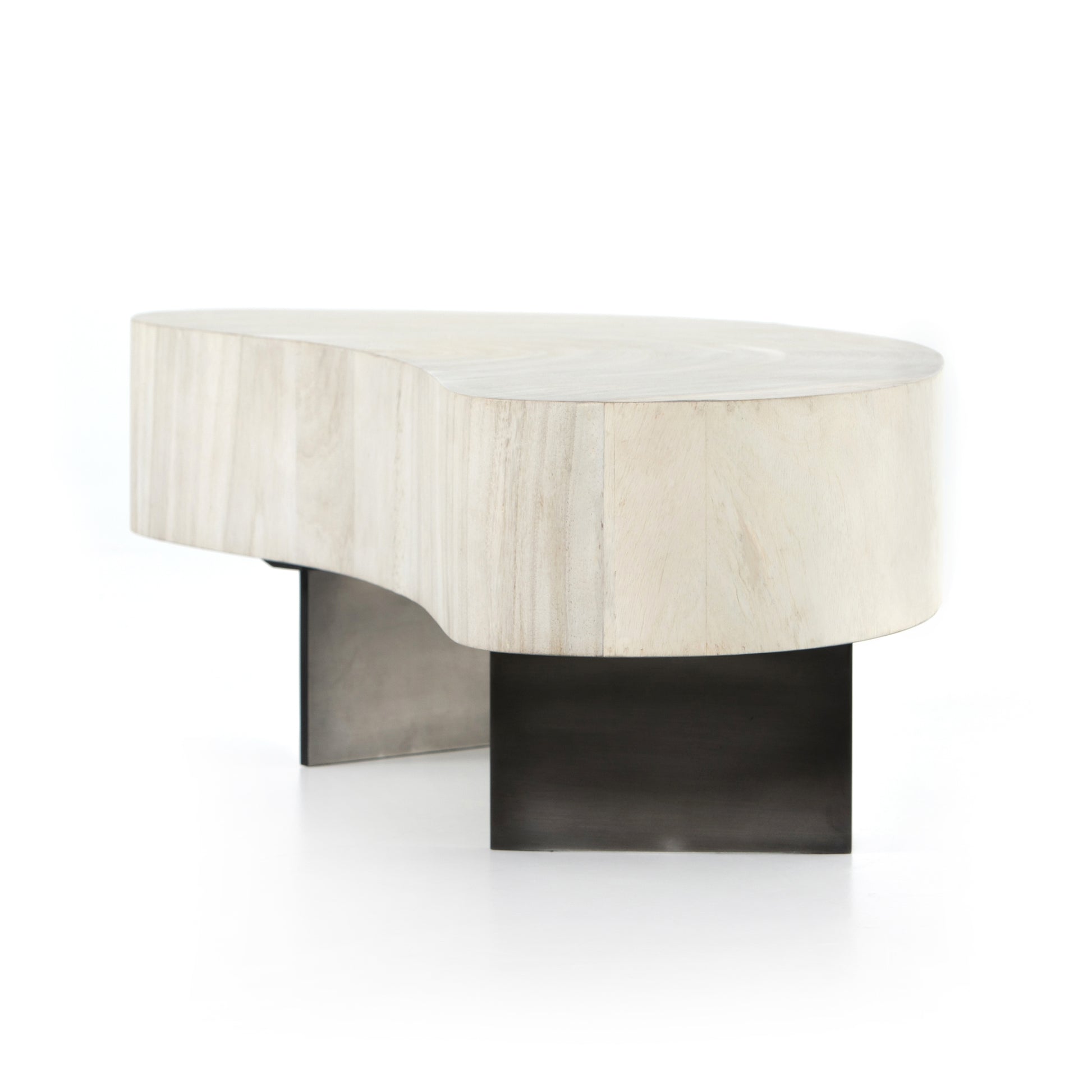 Natural beauty - total novelty. A thick slab of bleached, oyster-cut Guanacaste forms a tall, kidney-shaped coffee table. Visible rings speak to woods' natural graining, while a dark gunmetal-finished base provides clean contrast to the whole look. Amethyst Home provides interior design, new construction, custom furniture, and area rugs in the Des Moines metro area.