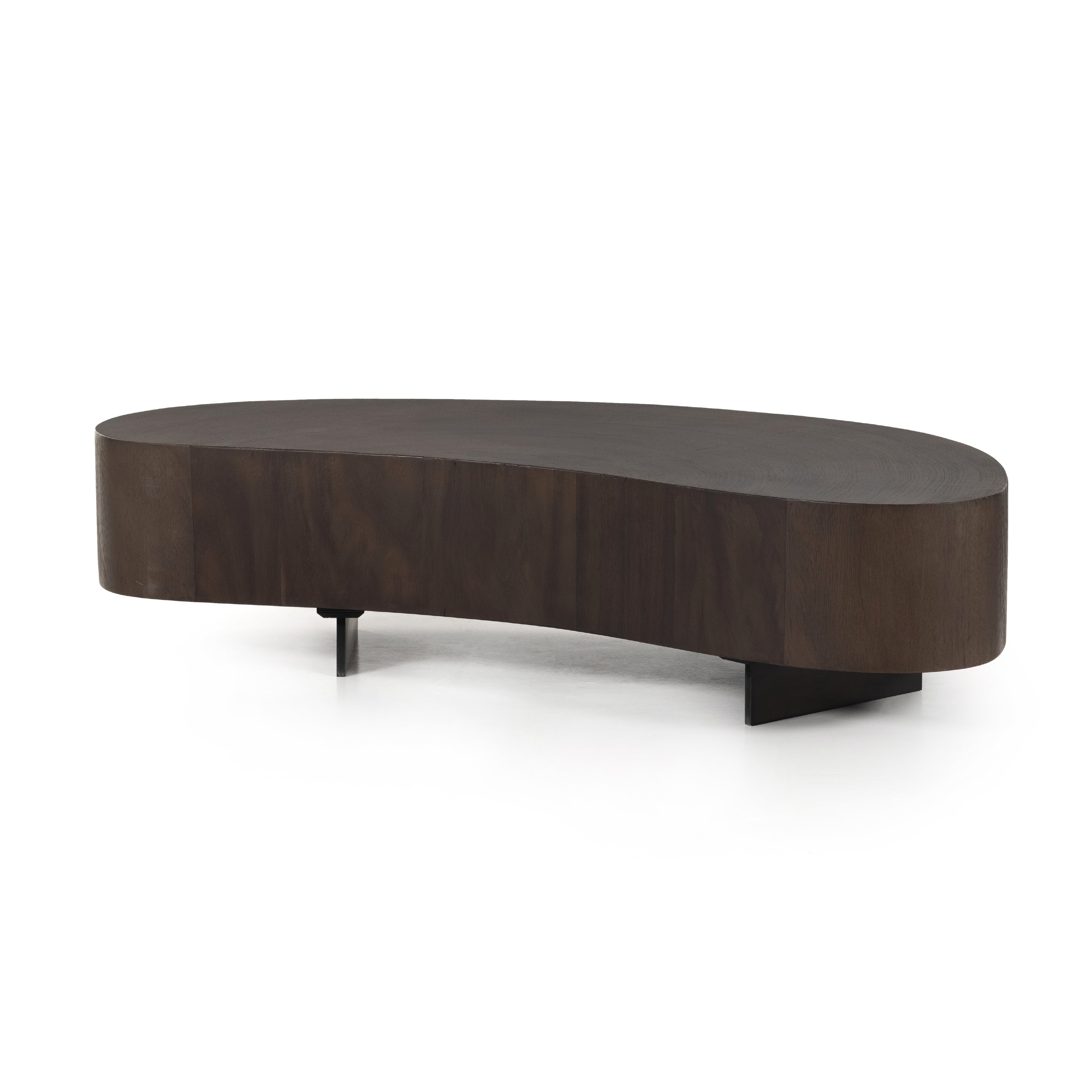 Natural beauty, total novelty. Oyster-cut Guanacaste forms a petite, kidney-shaped coffee table. Visible rings speak to woods' natural graining, while a dark gunmetal-finished base provides clean contrast to the whole look. Option to pair with taller piece, sold separately. Amethyst Home provides interior design, new construction, custom furniture, and area rugs in the Miami metro area.
