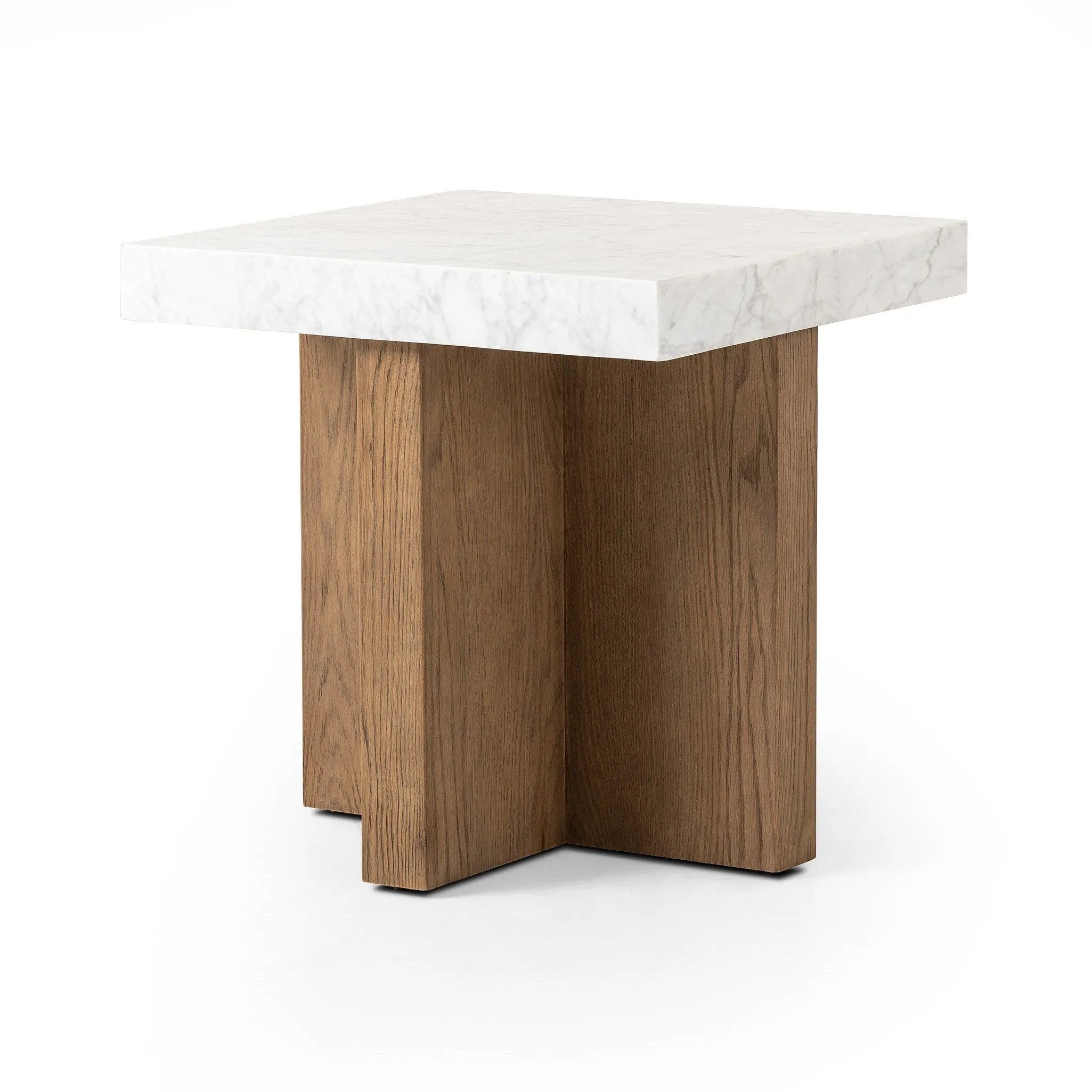 Structured lines and chunky proportions fuse for a mixed material end table of smoked oak and polished marble.Collection: Hughe Amethyst Home provides interior design, new home construction design consulting, vintage area rugs, and lighting in the Houston metro area.