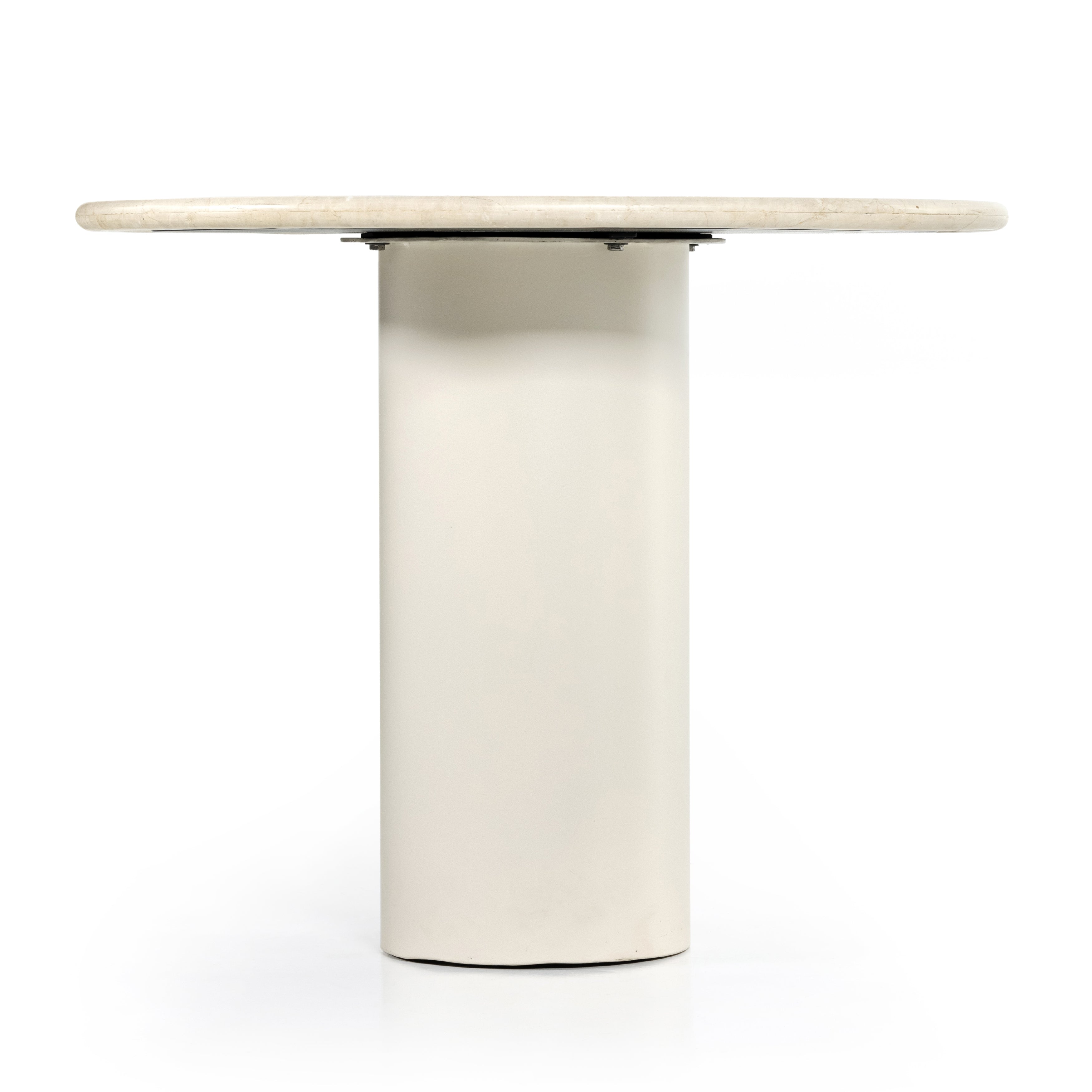 Simply sophisticated. A bistro-style table inspired by 1970s Italian design, an ivory-finished iron base supports a rounded tabletop of cream-colored solid marble, for a fresh, monochromatic look that pairs with just about anything. Amethyst Home provides interior design, new construction, custom furniture and area rugs in the Salt Lake City metro area