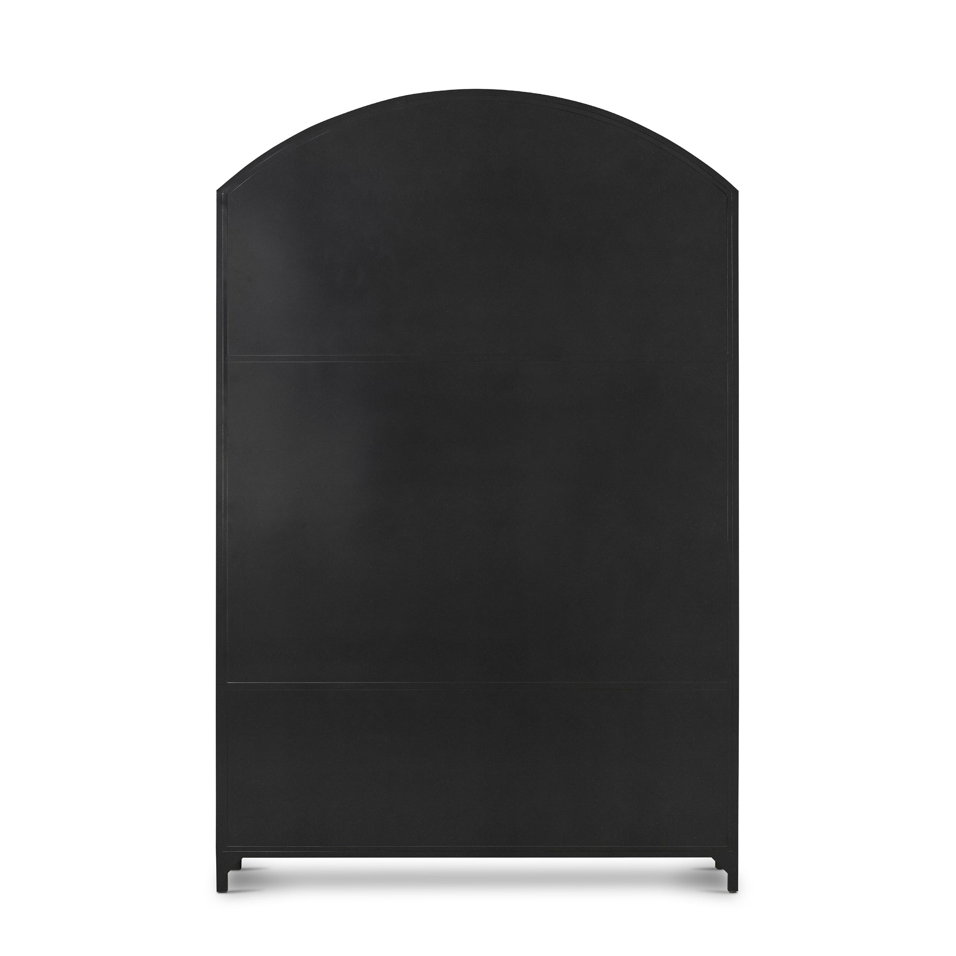 Display barware, books and keepsakes in wide, beautifully arched cabinetry. Solid iron sheeting is finished in a soft, matte black with contrasting brass hardware. Amethyst Home provides interior design, new construction, custom furniture, and area rugs in the Boston metro area.