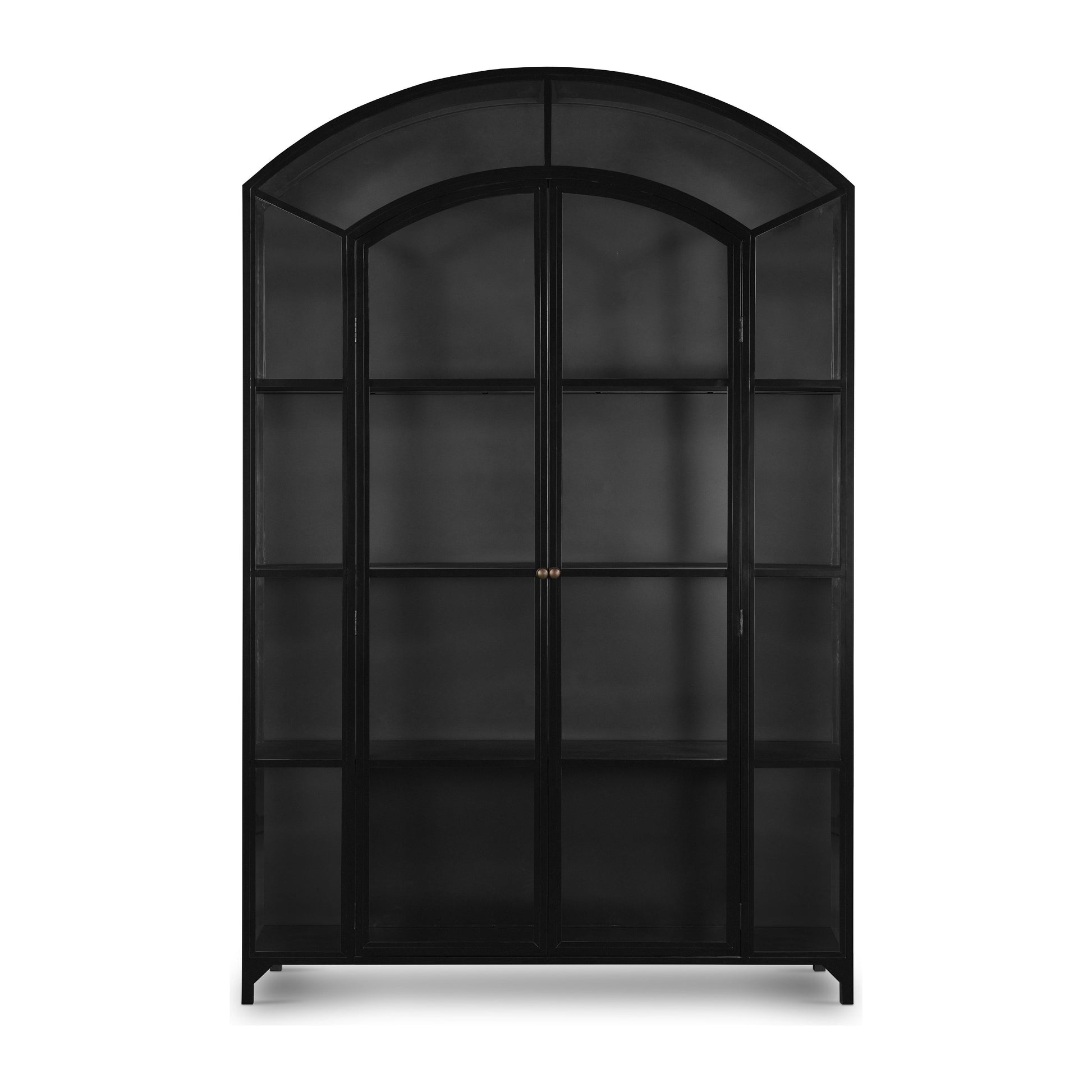 Display barware, books and keepsakes in wide, beautifully arched cabinetry. Solid iron sheeting is finished in a soft, matte black with contrasting brass hardware. Amethyst Home provides interior design, new construction, custom furniture, and area rugs in the Laguna Beach metro area.