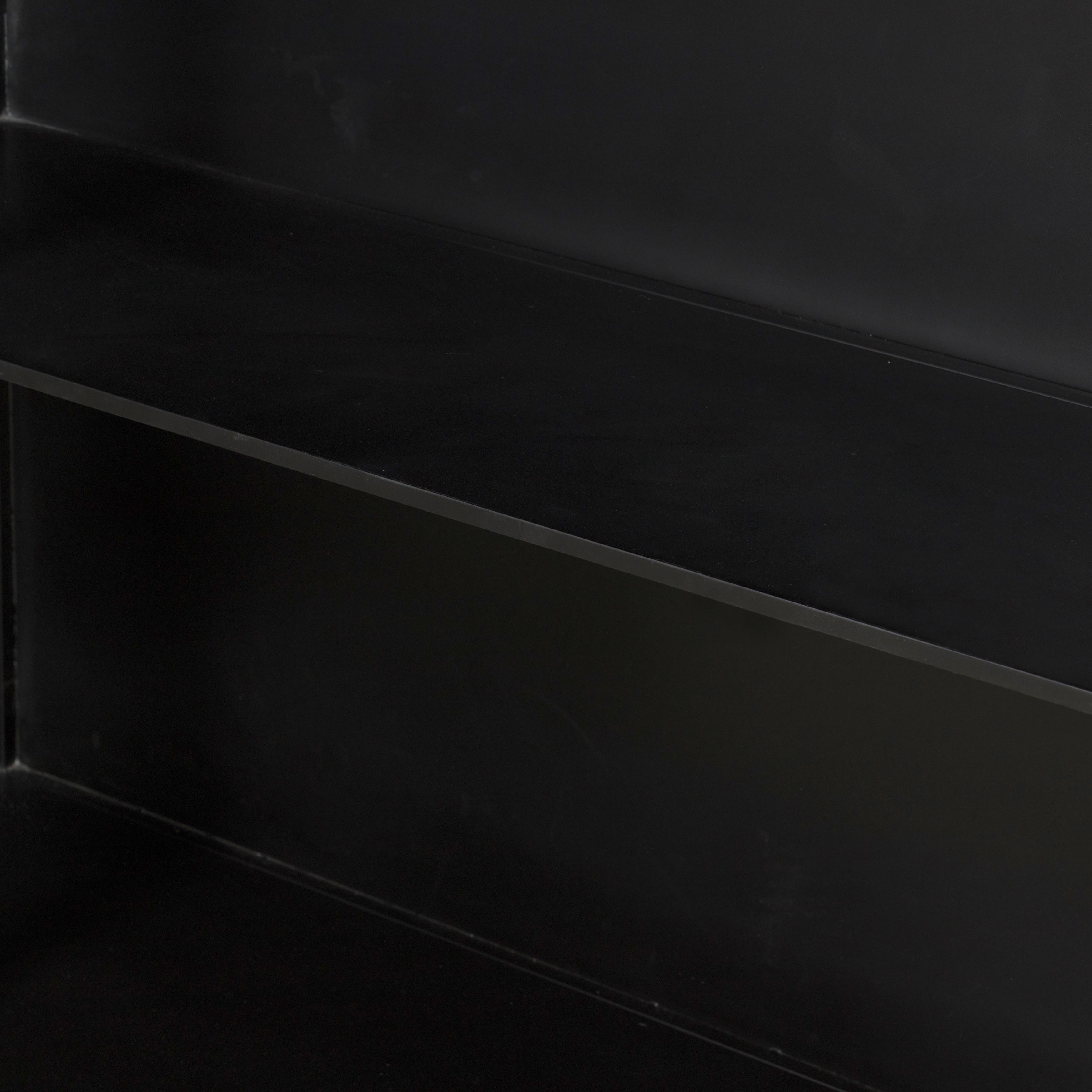 Display barware, books and keepsakes in wide, beautifully arched cabinetry. Solid iron sheeting is finished in a soft, matte black with contrasting brass hardware. Amethyst Home provides interior design, new construction, custom furniture, and area rugs in the Newport Beach metro area.
