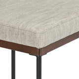 Simple and streamlined with fresh, thoughtful details. Slim, black-finished round stock iron suspends an almond-finished nettlewood deck, with a flannel-colored linen-blend seat and floating back with a rear wooden stretcher. Amethyst Home provides interior design services, furniture, rugs, and lighting in the Calabasas metro area.