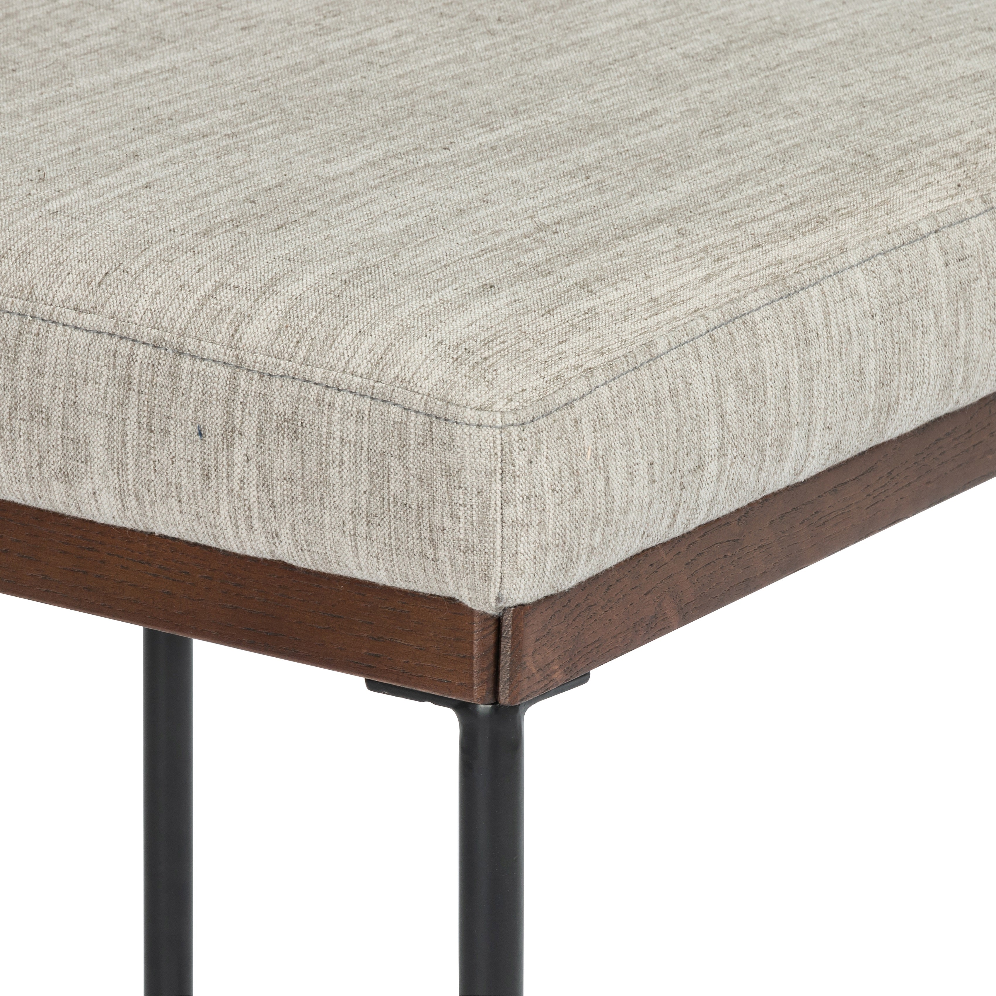 Simple and streamlined with fresh, thoughtful details. Slim, black-finished round stock iron suspends an almond-finished nettlewood deck, with a flannel-colored linen-blend seat and floating back with a rear wooden stretcher. Amethyst Home provides interior design services, furniture, rugs, and lighting in the Calabasas metro area.