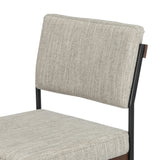 Simple and streamlined with fresh, thoughtful details. Slim, black-finished round stock iron suspends an almond-finished nettlewood deck, with a flannel-colored linen-blend seat and floating back with a rear wooden stretcher. Amethyst Home provides interior design services, furniture, rugs, and lighting in the Des Moines metro area.