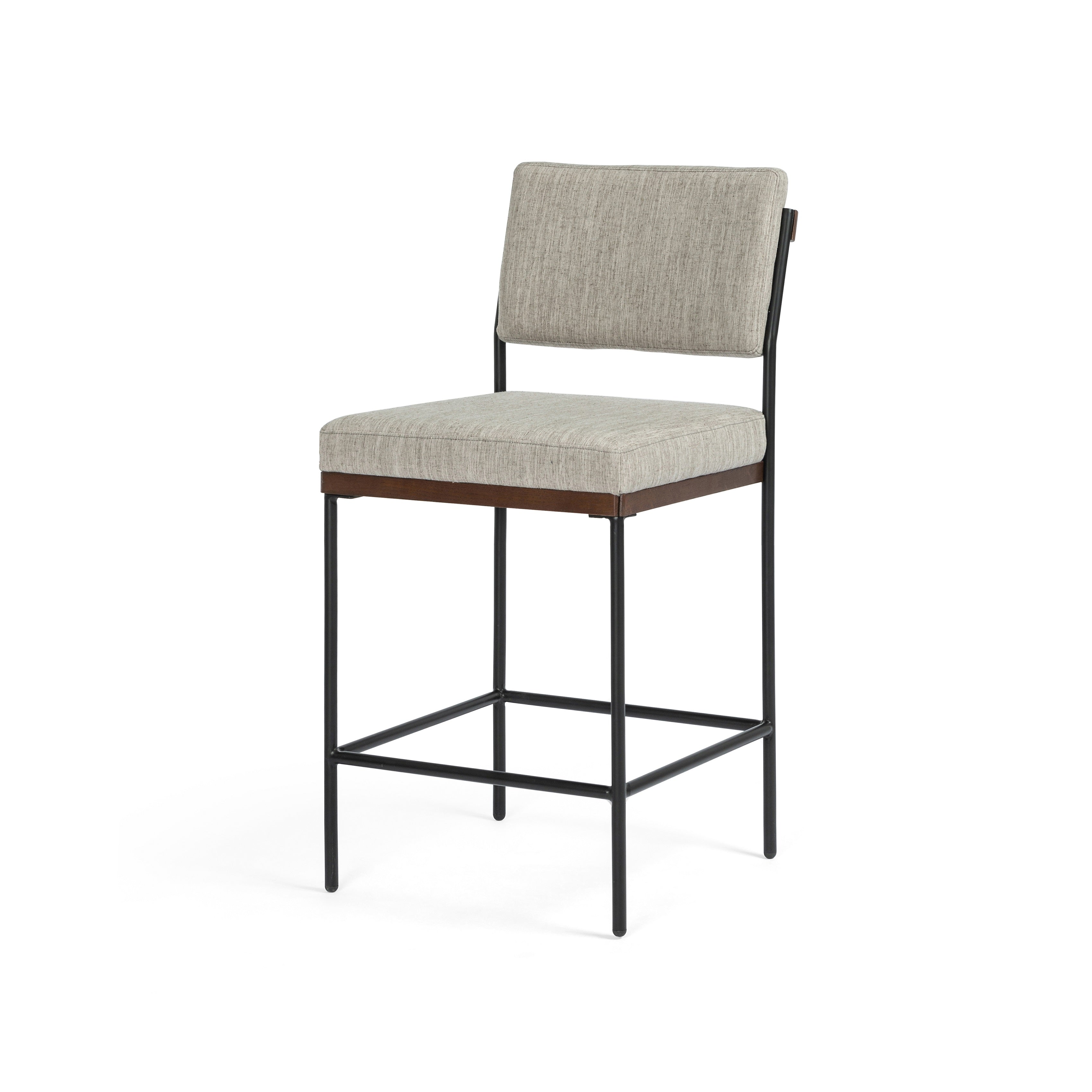 Simple and streamlined with fresh, thoughtful details. Slim, black-finished round stock iron suspends an almond-finished nettlewood deck, with a flannel-colored linen-blend seat and floating back with a rear wooden stretcher. Amethyst Home provides interior design services, furniture, rugs, and lighting in the Park City metro area.