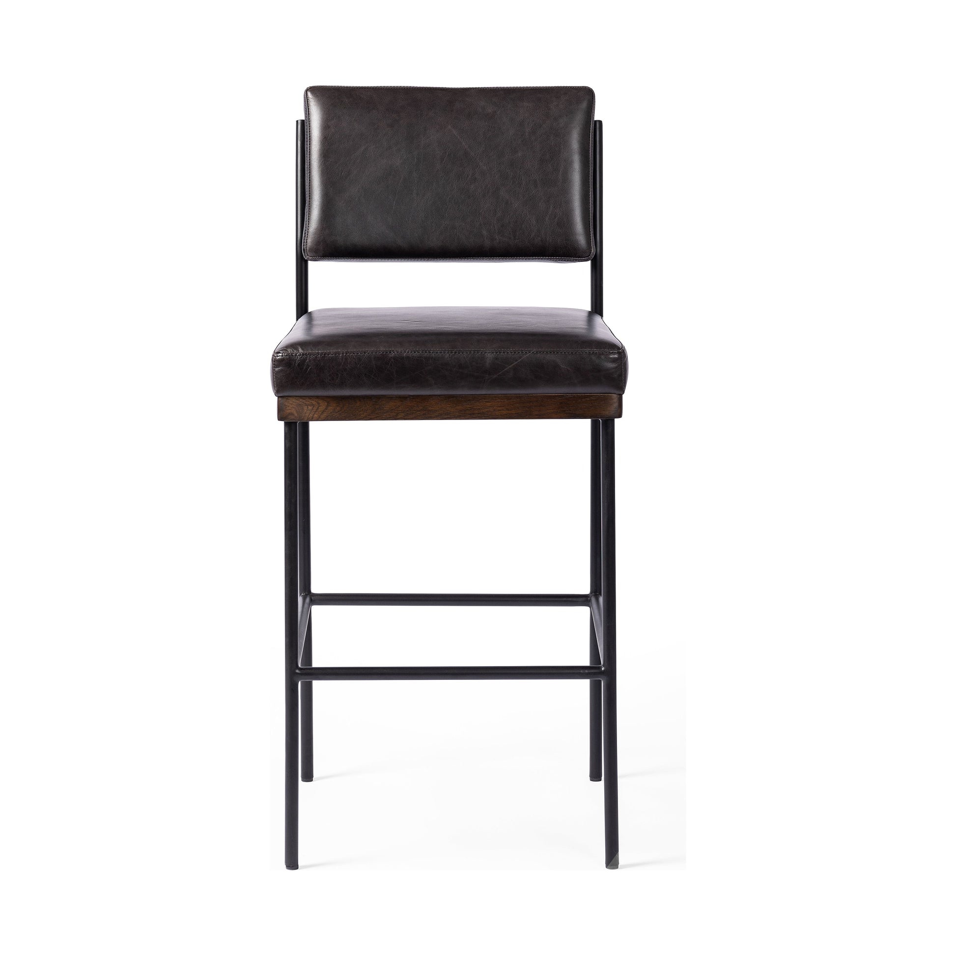 Simple and streamlined with thoughtful details. Slim, black-finished iron frame with solid oak decking, plus black top-grain leather seating for modernity. A stylish staple for any counter. Amethyst Home provides interior design, new construction, custom furniture, and area rugs in the Austin metro area.