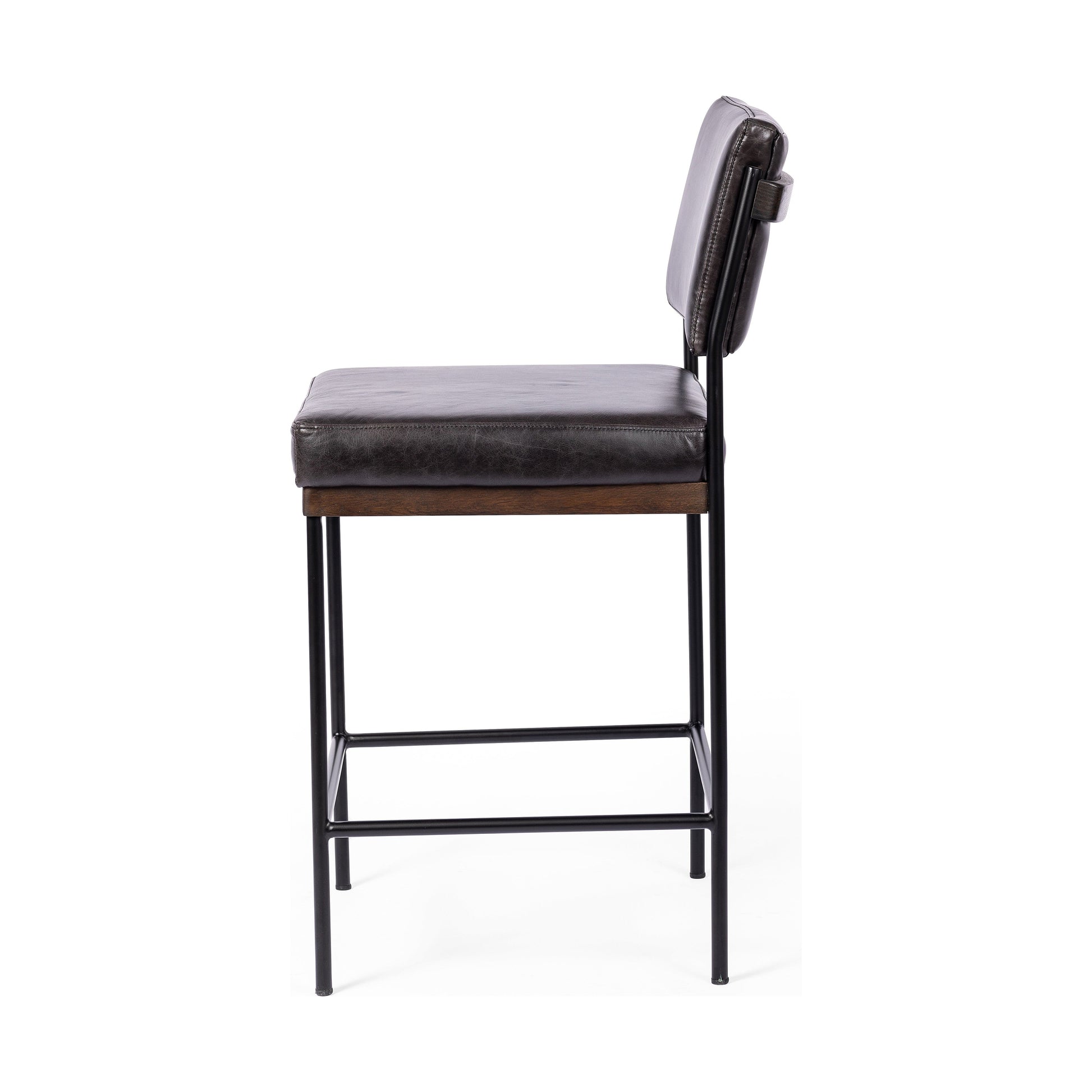 Simple and streamlined with thoughtful details. Slim, black-finished iron frame with solid oak decking, plus black top-grain leather seating for modernity. A stylish staple for any counter. Amethyst Home provides interior design, new construction, custom furniture, and area rugs in the Charlotte metro area.