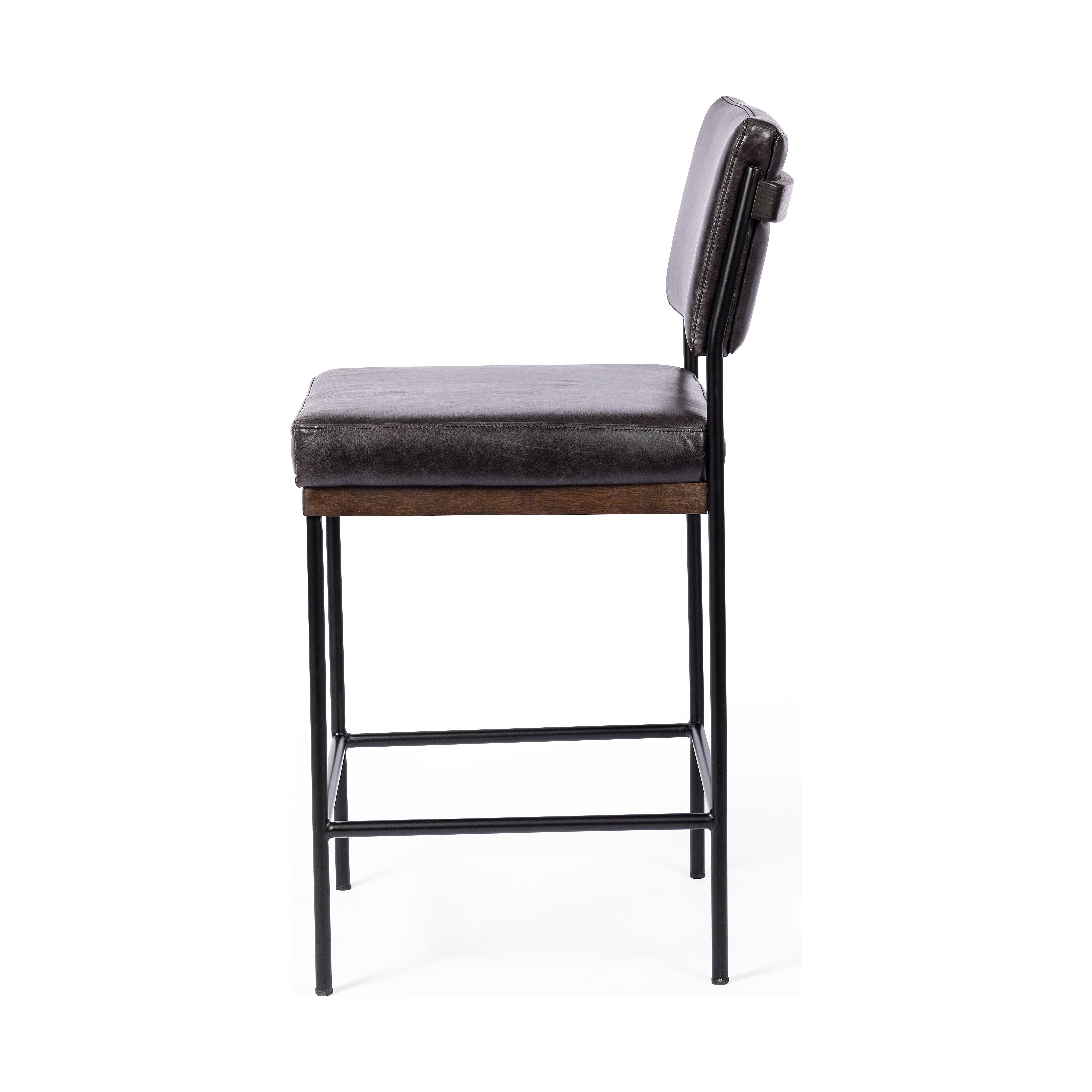 Simple and streamlined with thoughtful details. Slim, black-finished iron frame with solid oak decking, plus black top-grain leather seating for modernity. A stylish staple for any counter. Amethyst Home provides interior design, new construction, custom furniture, and area rugs in the Charlotte metro area.